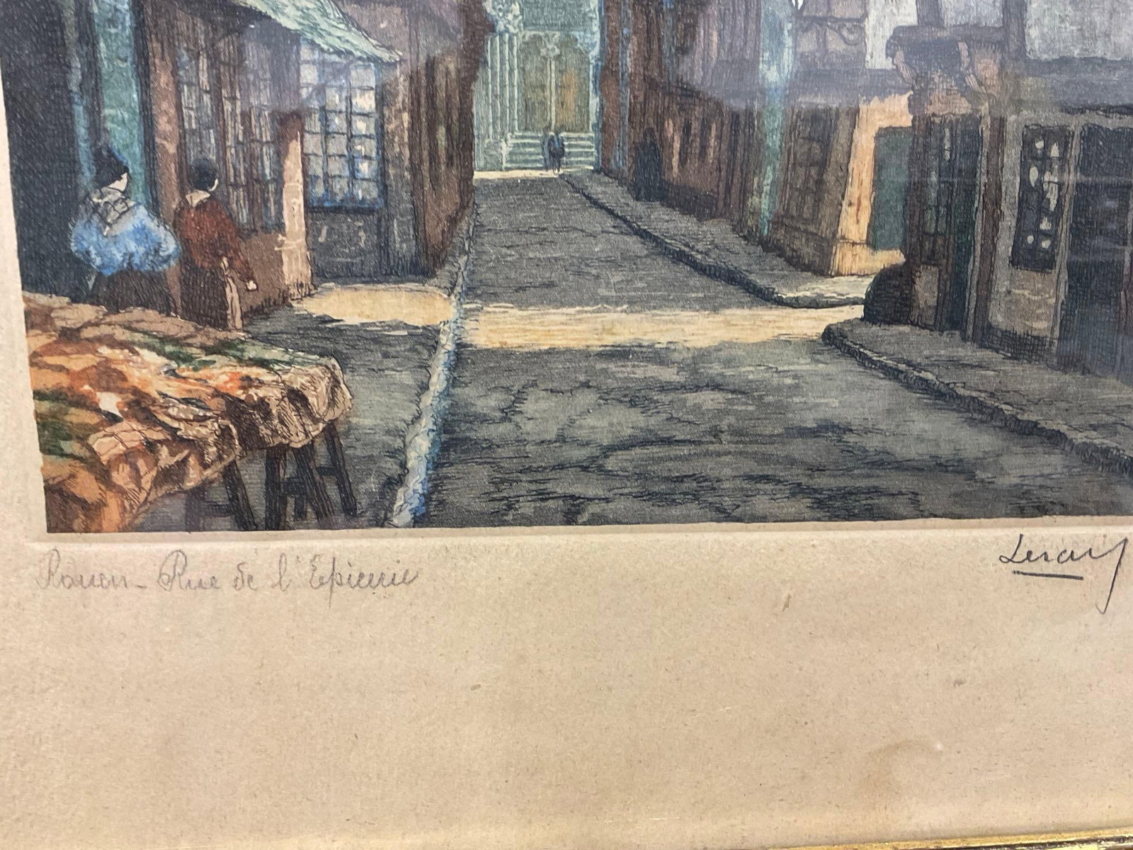 Framed Hand-Tinted Etching titled Rouen Rue Se LEpicerie by Jules Leray, (1875-1938), 19x15 inches - 5