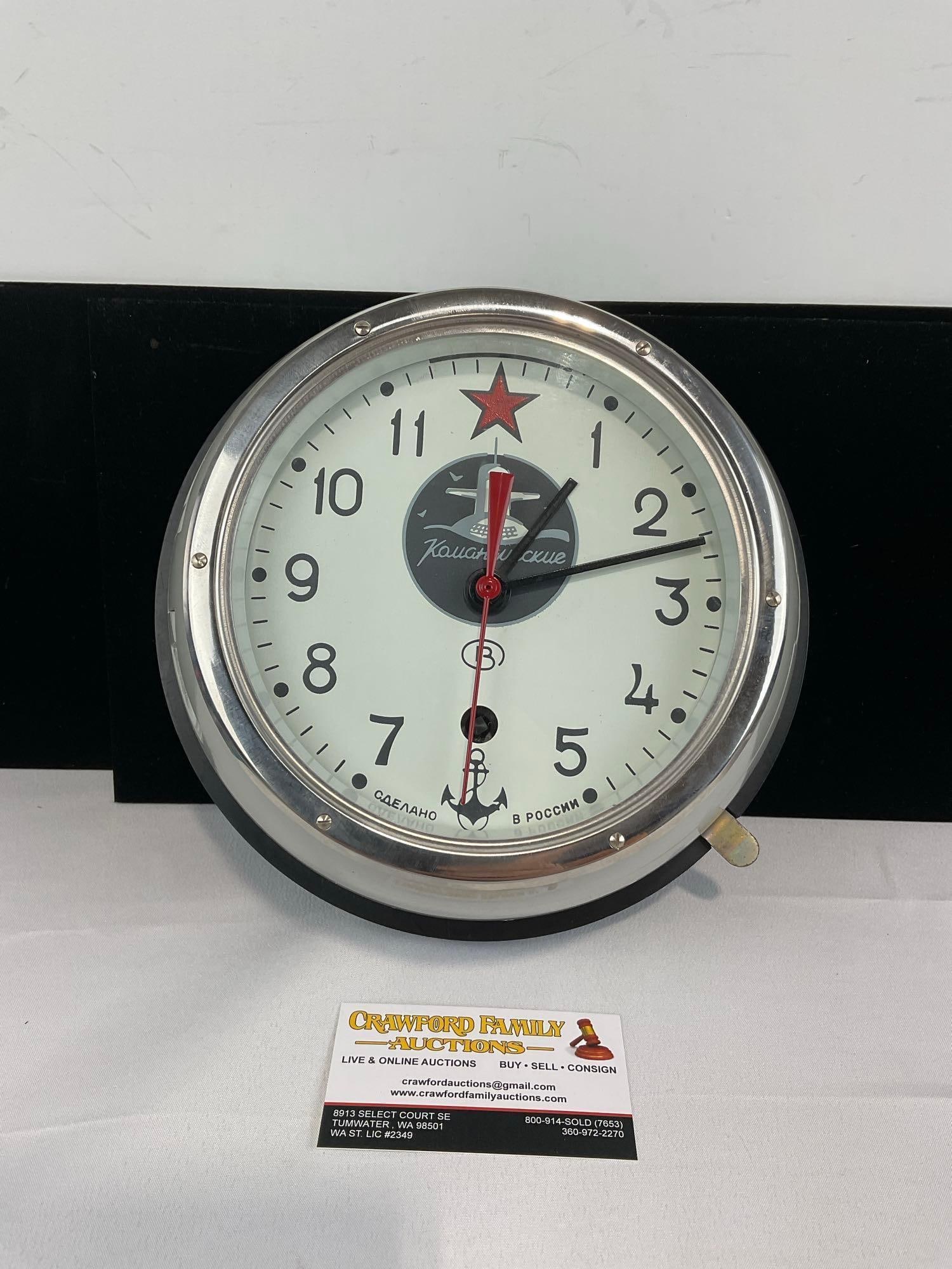 Vintage 1980s Vostok Soviet Navy Submarine Clock, 5-ChM M3 wall clock: Appears to be in good shape. The piece measures approx 10h x 10w x 6d inches. See pics. E-5910