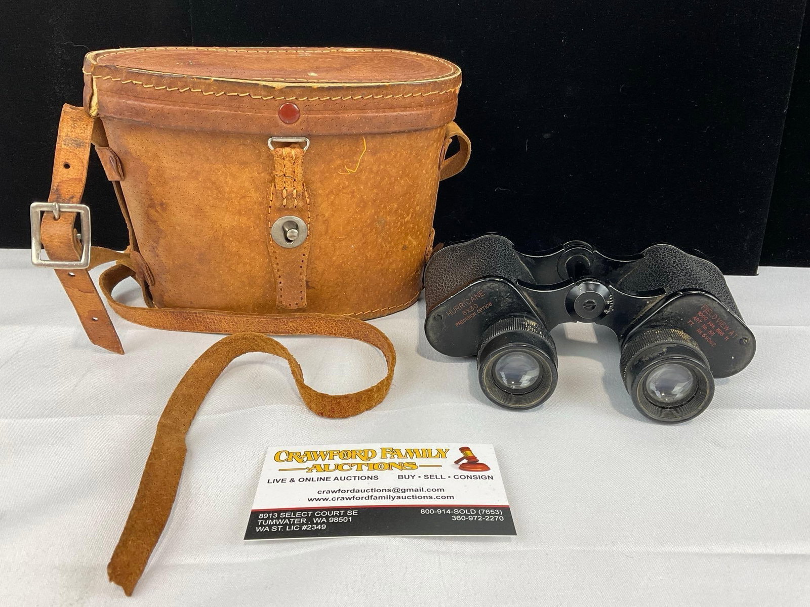 Vintage Hurricane 8x30 Precision Optics Binoculars in leather case: Appears to be in fair to good shape, the strap is broken on the case. The piece measures approx 7h x 8w x 4d inches. See pics. E-5860