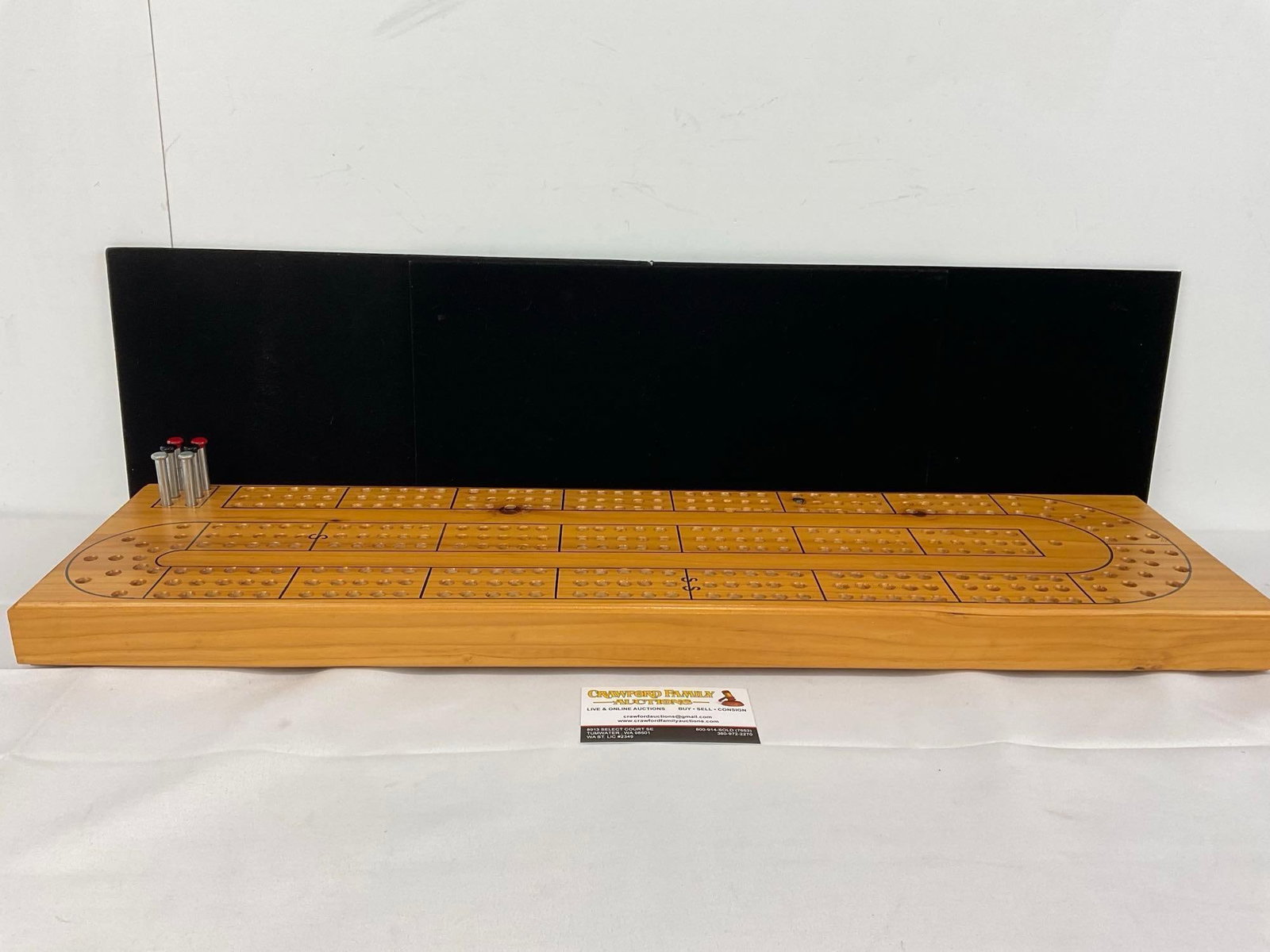 Custom Wooden Cribbage Board Set, w/6 metal pegs, 3h x 29w x 8d inches: Appears to be in good shape. The piece measures approx 3h x 29w x 8d inches. See pics. E-5860