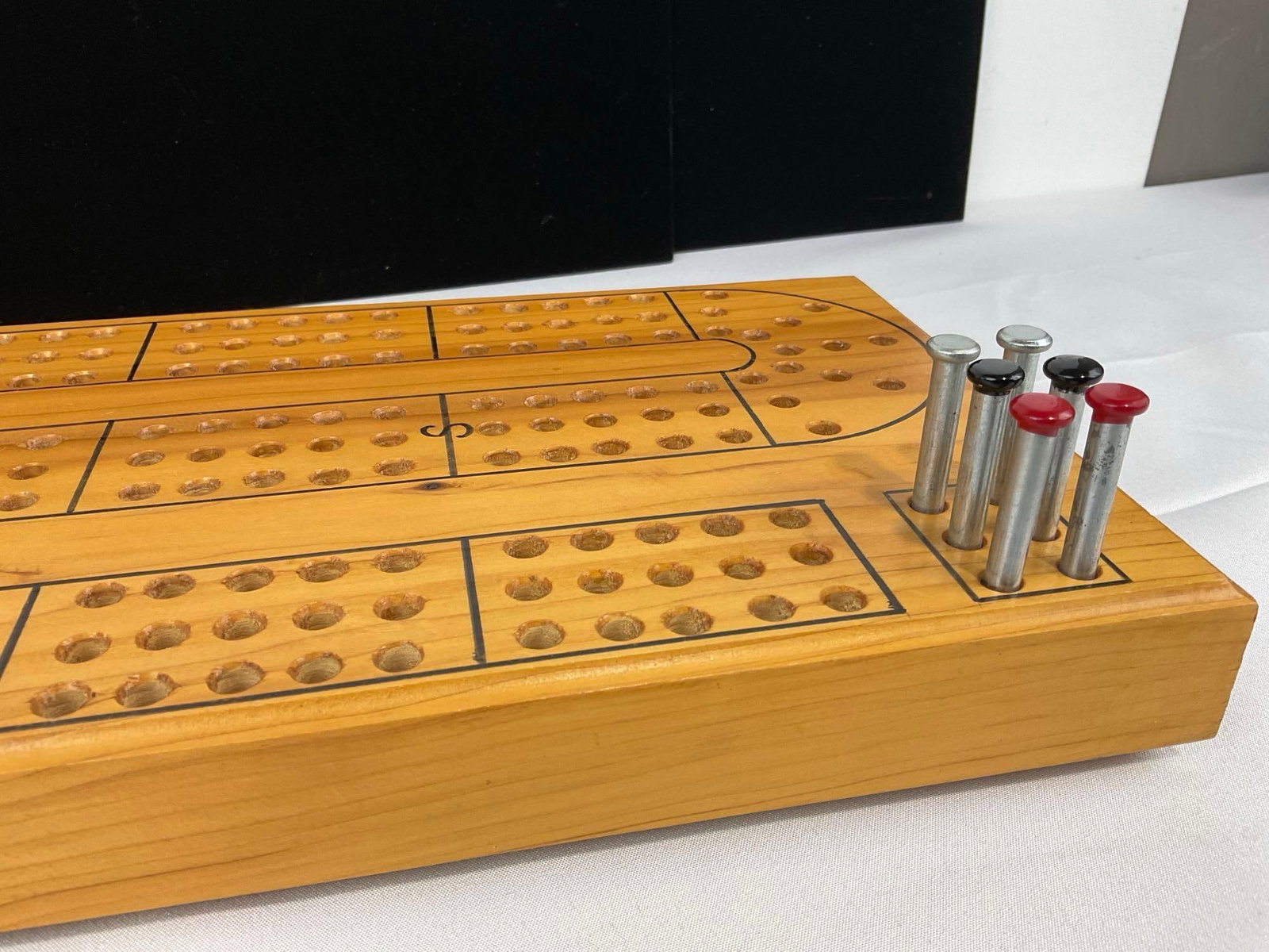 Custom Wooden Cribbage Board Set, w/6 metal pegs, 3h x 29w x 8d inches - 4
