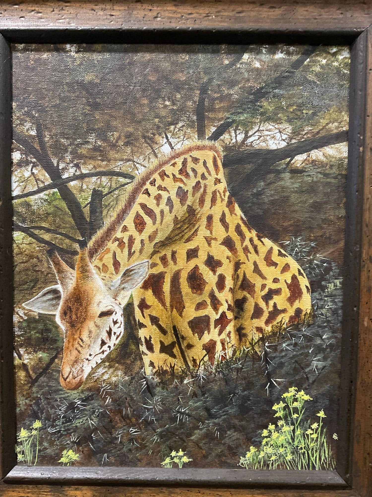 Framed Oil on Canvas, Giraffe in the Woods, signed by artist, Karla Stoner ? 19x15 inches - 2