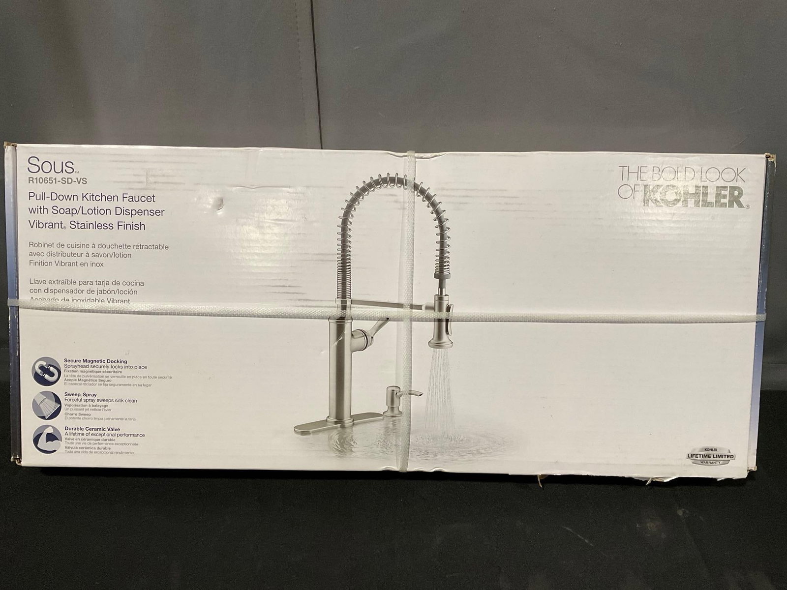 Kohler Sous R10651-SD-VS Pull-Down Kitchen Faucet w/Soap Dispenser, Stainless Finish, NIB, unopened: Appears to be in good shape, unopened. The piece measures approx 13h x 29w x 4d inches. See pics. E-5910 *Oversized shipping may apply*
