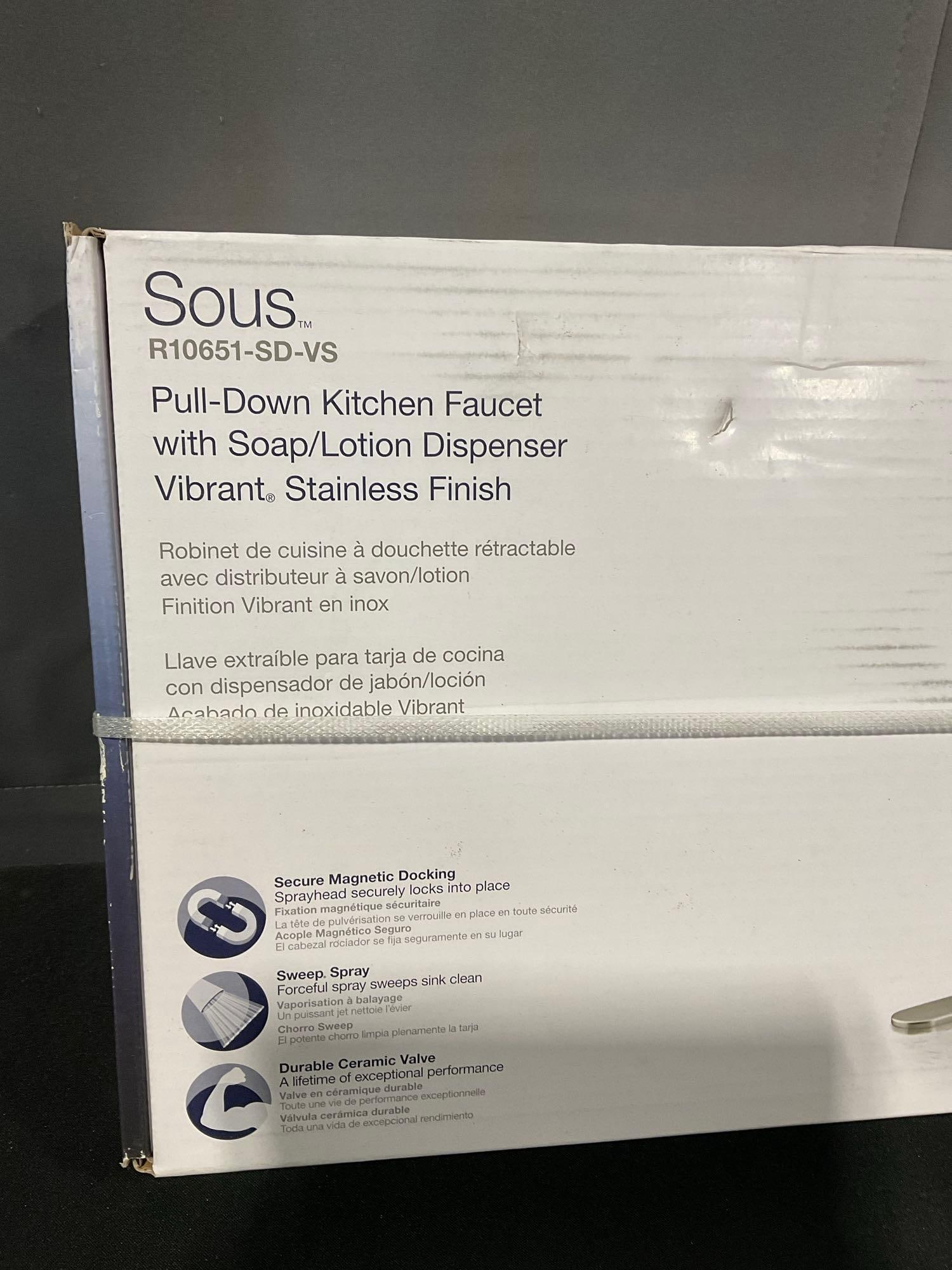 Kohler Sous R10651-SD-VS Pull-Down Kitchen Faucet w/Soap Dispenser, Stainless Finish, NIB, unopened - 2
