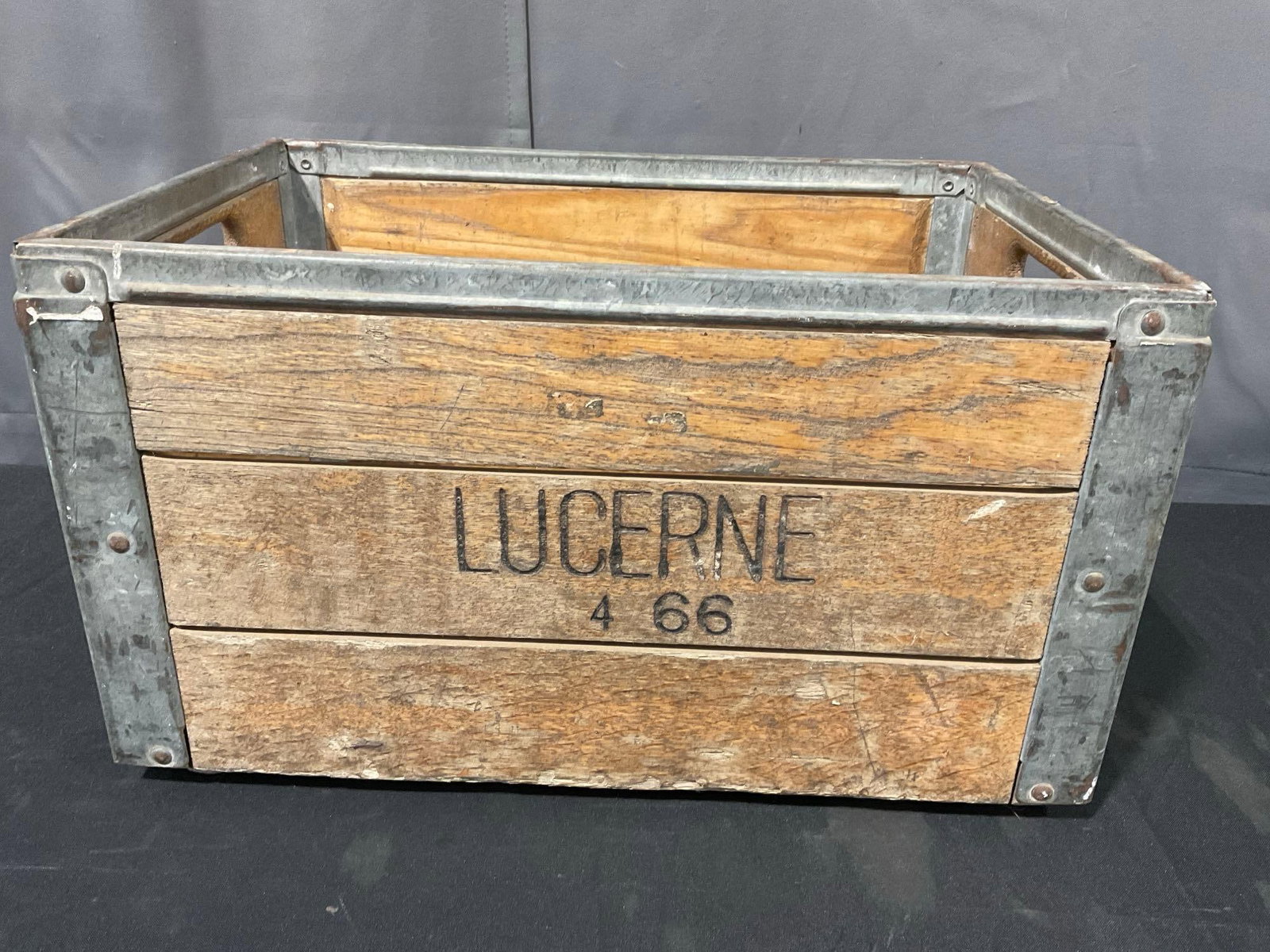 Vintage Wood & Steel Banded Lucerne Company Milk Storage Crate, 14h x 20w x 14d inches: Appears to be in good shape. The piece measures approx 14h x 20w x 14d inches. See pics. E-5910