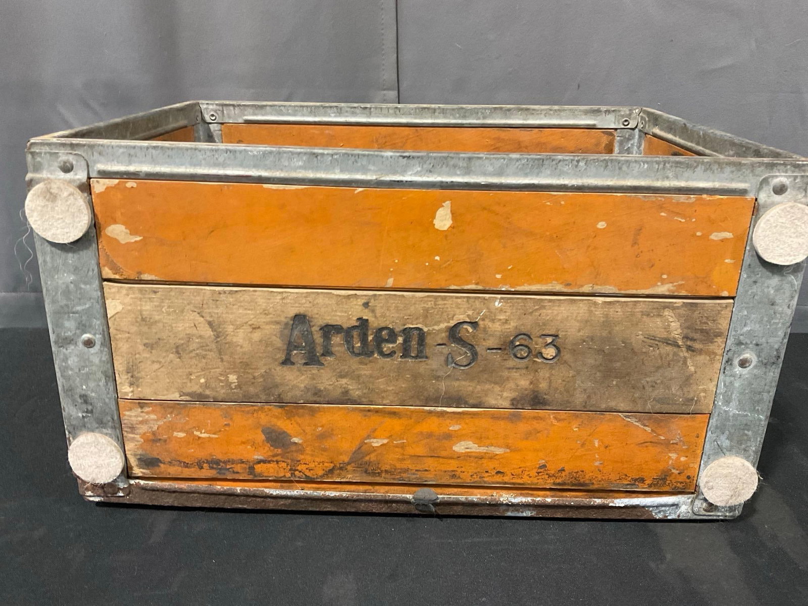 Vintage S-63 Wood & Steel Arden Company Milk Storage Crate, 14h x 20w x 14d inches: Similar to the #42 lot. Appears to be in good shape. The piece measures approx 14h x 20w x 14d inches. See pics. E-5910