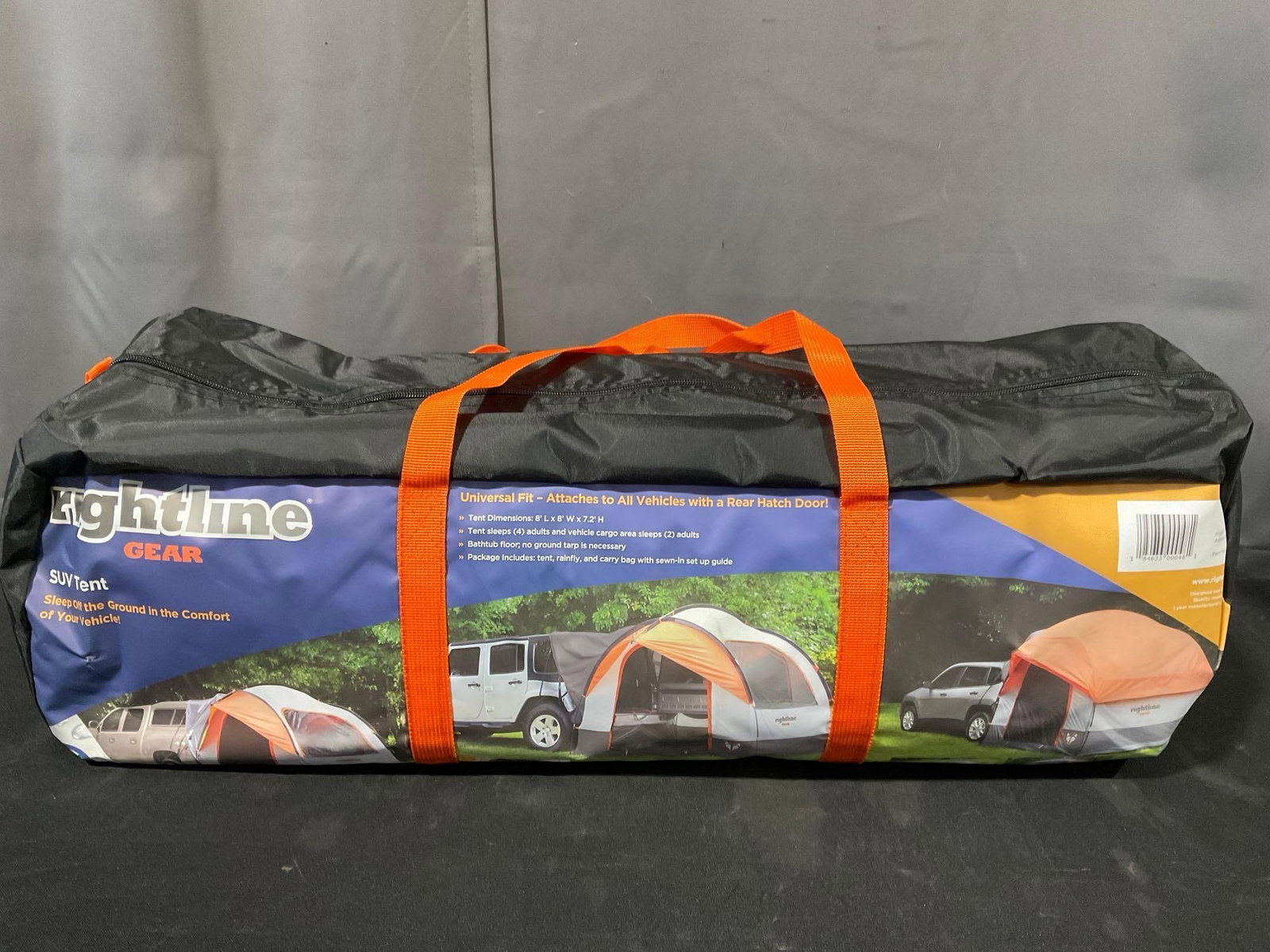 Rightline Gear SUV Tent in carrying bag, tent is 8 x 8 x 7.2 feet: Appears to be in good shape. The piece in bag measures approx 11h x 26w x 11d inches. See pics. E-5910 *Oversized shipping may apply*