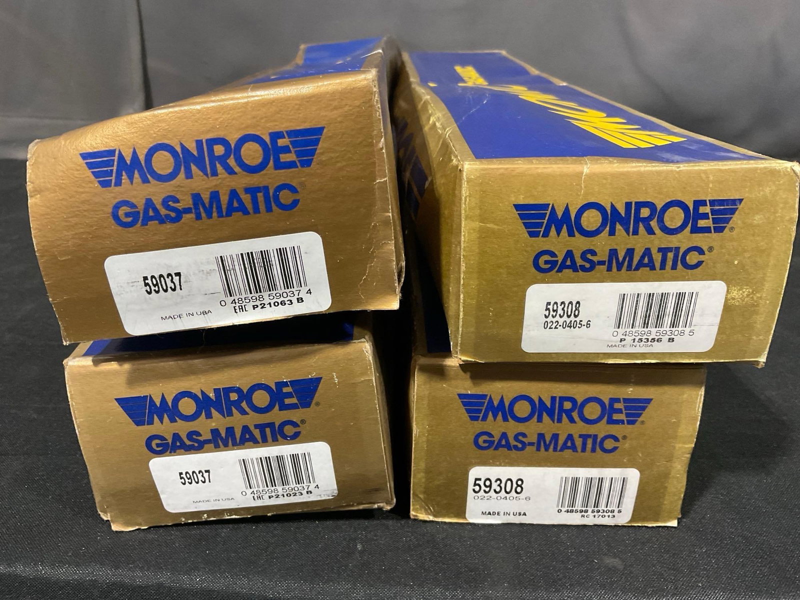 Set of 4 Monroe Gas-Matic Shock Absorbers, appear New in box, 59037 & 59308, LNIB: Appears to be in good shape. The piece measures approx 7h x 25w x 10d inches. See pics. E-5910 *Oversized shipping may apply*