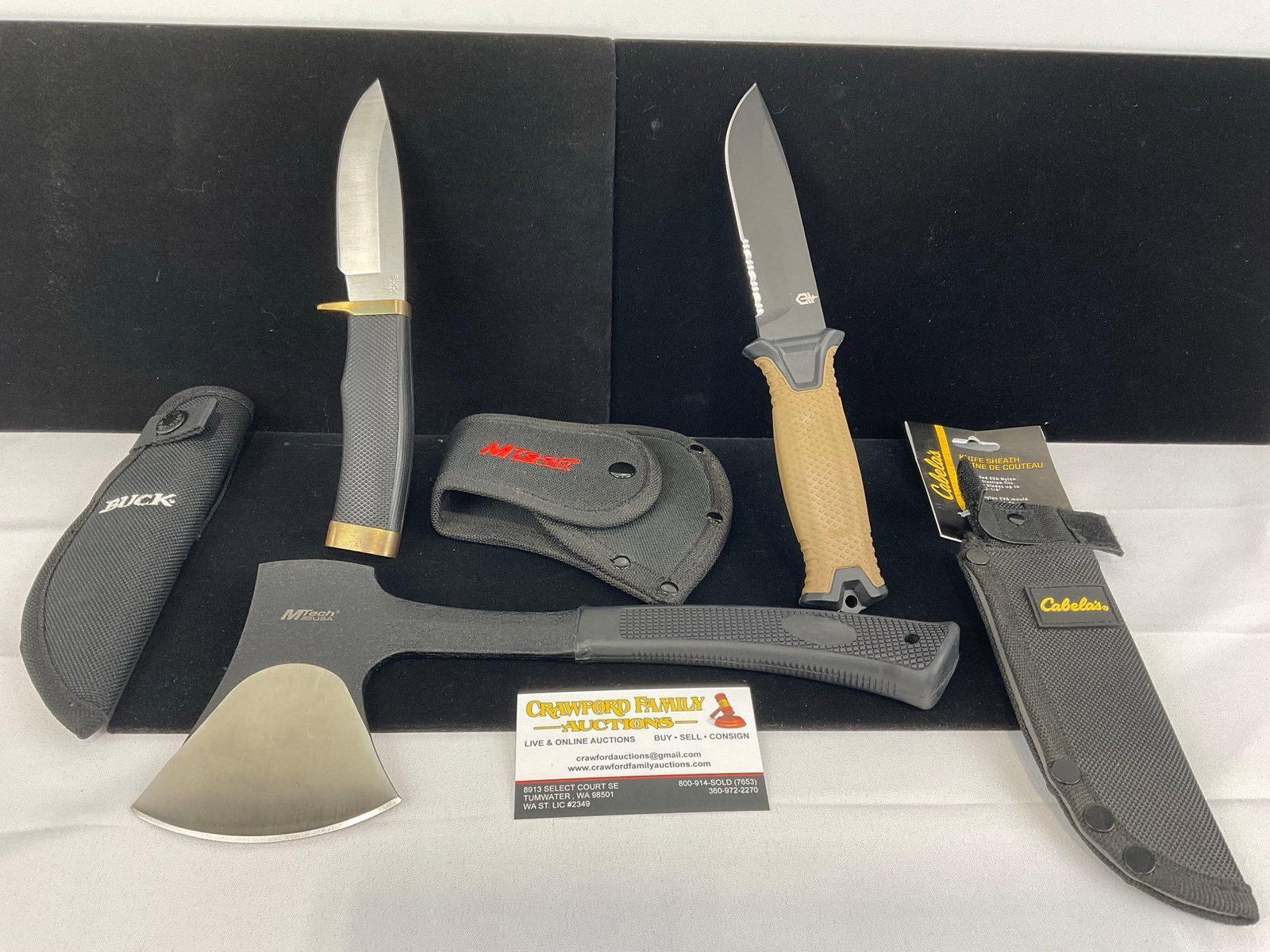 Pair of Fixed Blade Knives, Buck 692, Gerber StrongArm, & MTech USA Hatchet all w/sheathes: Appears to be in good shape. The piece measures approx 12h x 6w x 4d inches. See pics. E-5910