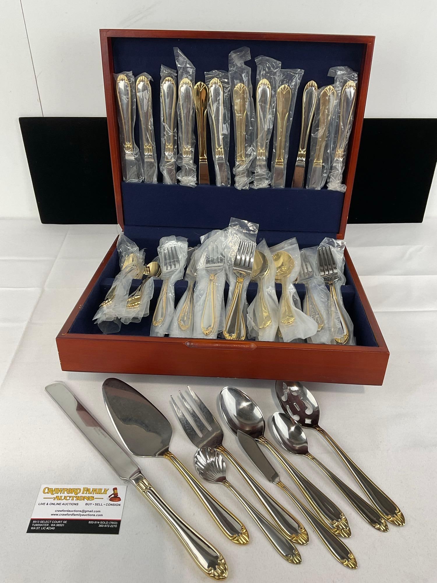 Hampton Silversmith Stainless Flatware Set, approx 70-80 pcs, in wooden case (1 of 6)