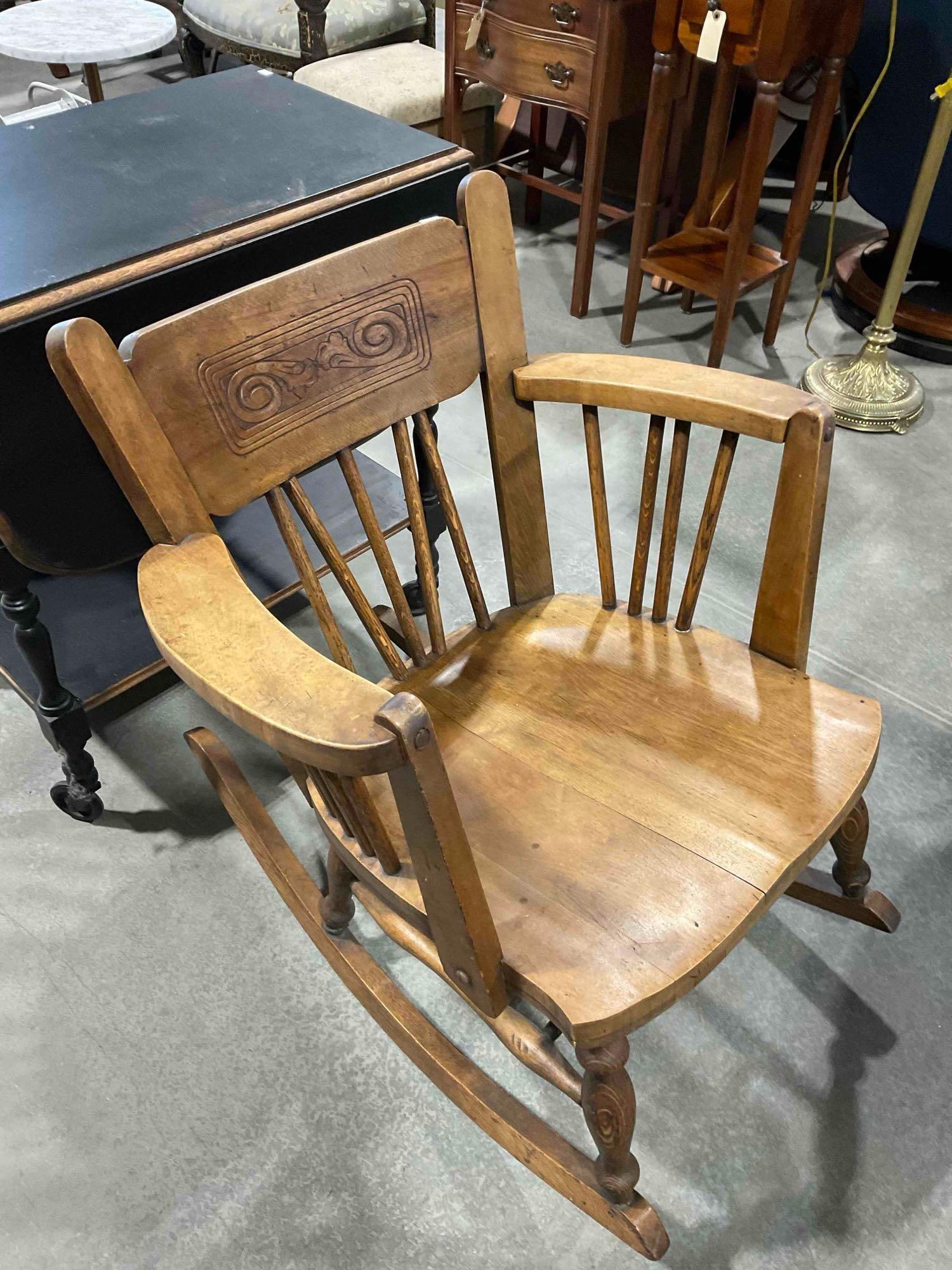 Handsome Antique Pressed Back Oak? Wood Rocking Chair. Good Condition. See pics. - 2
