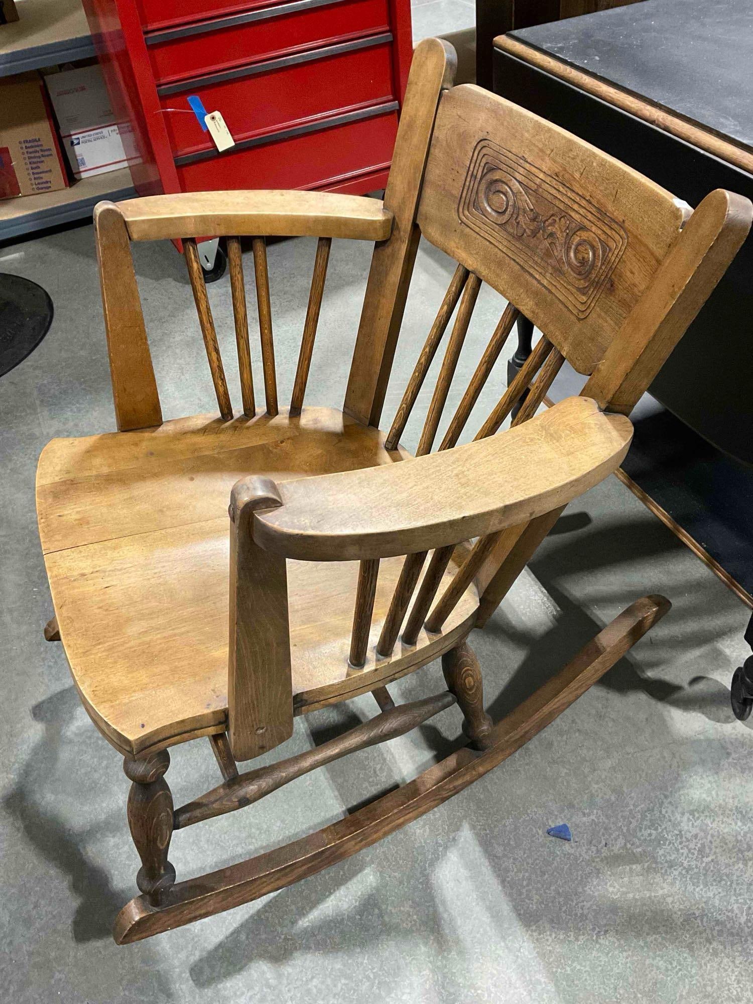 Handsome Antique Pressed Back Oak? Wood Rocking Chair. Good Condition. See pics. - 4