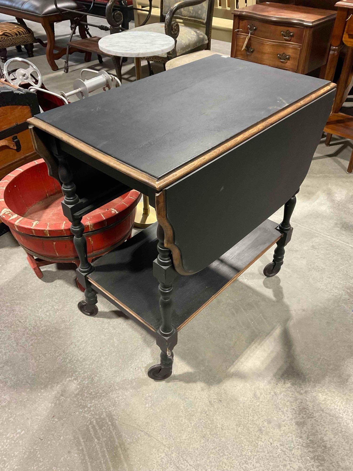 Charming Vintage Black Painted Oak Wood Drop Leaf Tea Cart. Good Condition. See pics.: Charming Vintage Black Painted Oak Wood Drop Leaf Tea Cart. Good Condition. Minor wear indicative of age and use, otherwise looks to be in good condition. Measures 41" (w/ leaves, 16" w/o leaves) x 28
