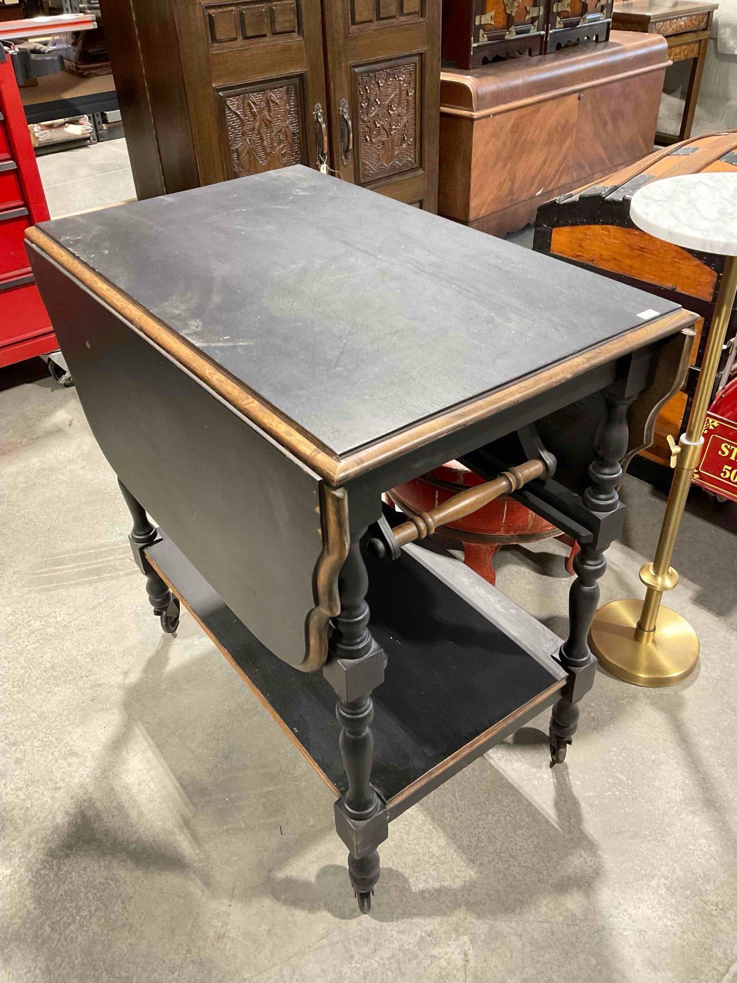 Charming Vintage Black Painted Oak Wood Drop Leaf Tea Cart. Good Condition. See pics. - 3