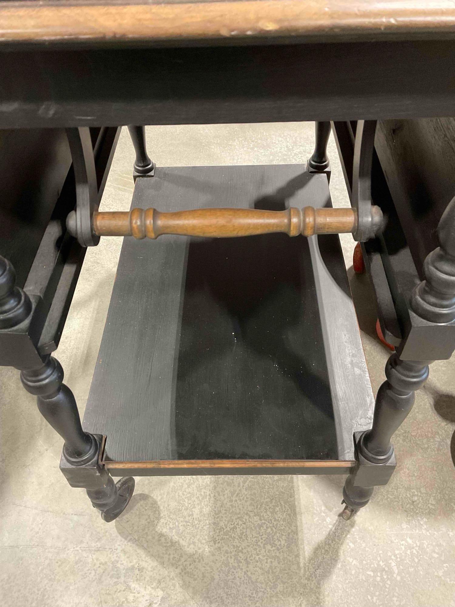 Charming Vintage Black Painted Oak Wood Drop Leaf Tea Cart. Good Condition. See pics. - 4