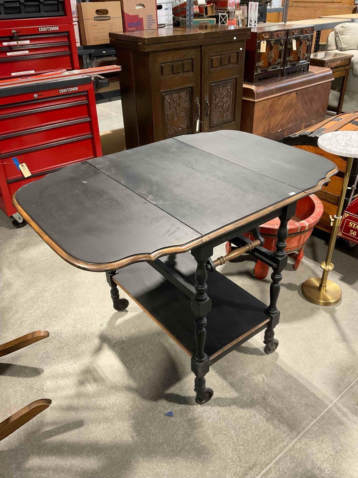 Charming Vintage Black Painted Oak Wood Drop Leaf Tea Cart. Good Condition. See pics. - 6