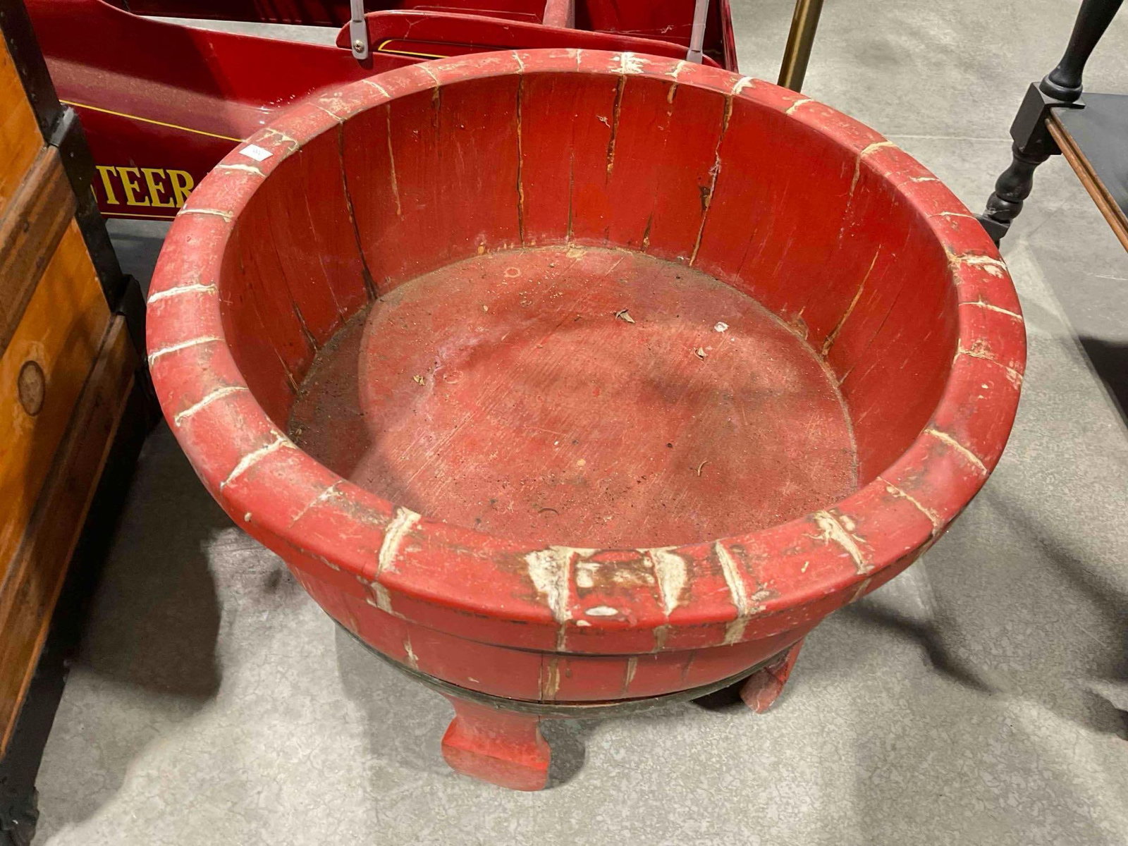 Antique? Chinese Red Lacquered Wood Wash Basin. Fair Condition. Measures 20" x 20" x 14": Antique? Chinese Red Lacquered Wood Wash Basin. Fair Condition. Unsure of age, could be a reproduction. Measures 20" x 20" x 14" Has wear indicative of age and use, otherwise looks to be in fair