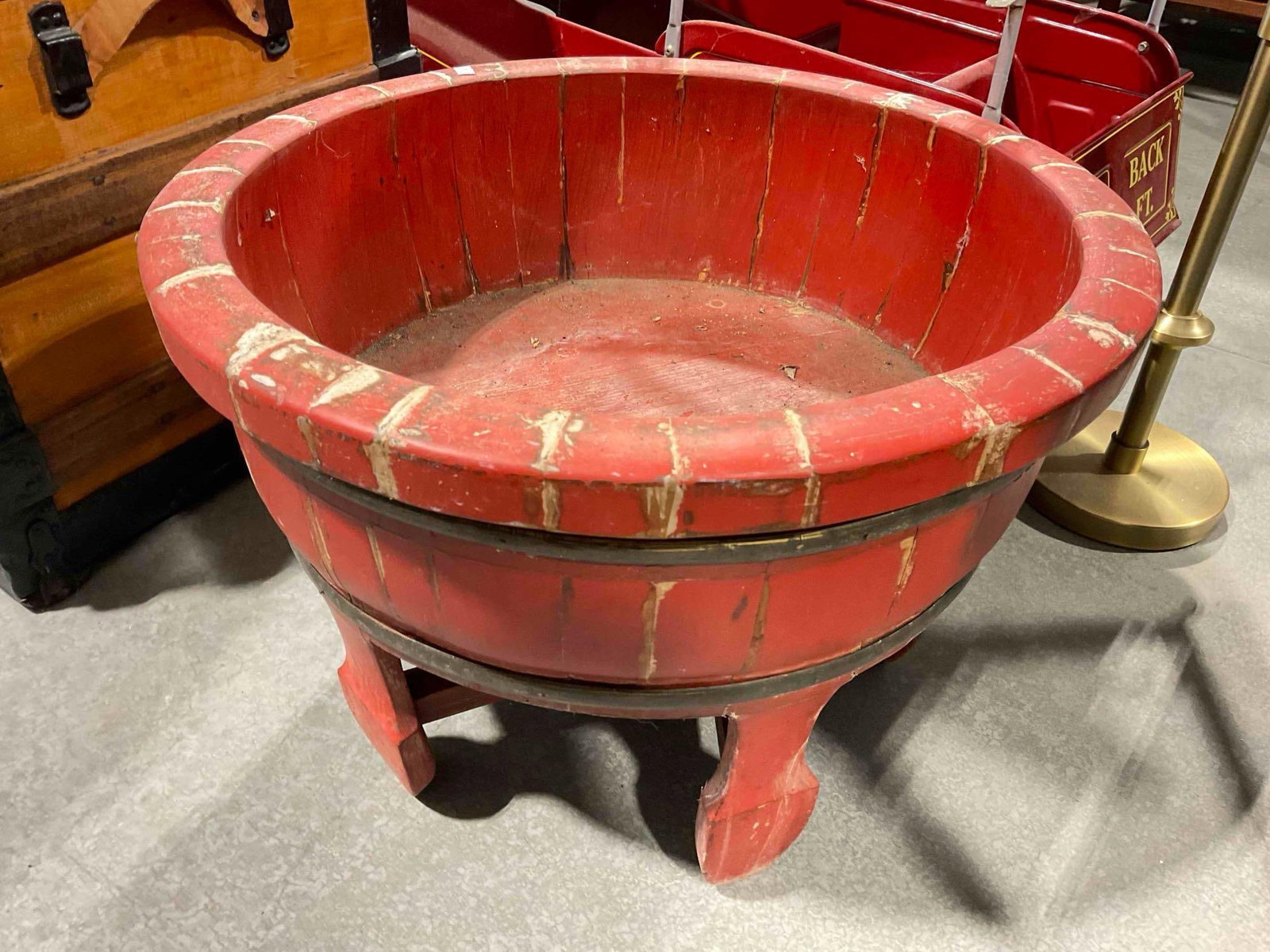 Antique? Chinese Red Lacquered Wood Wash Basin. Fair Condition. Measures 20" x 20" x 14" - 2