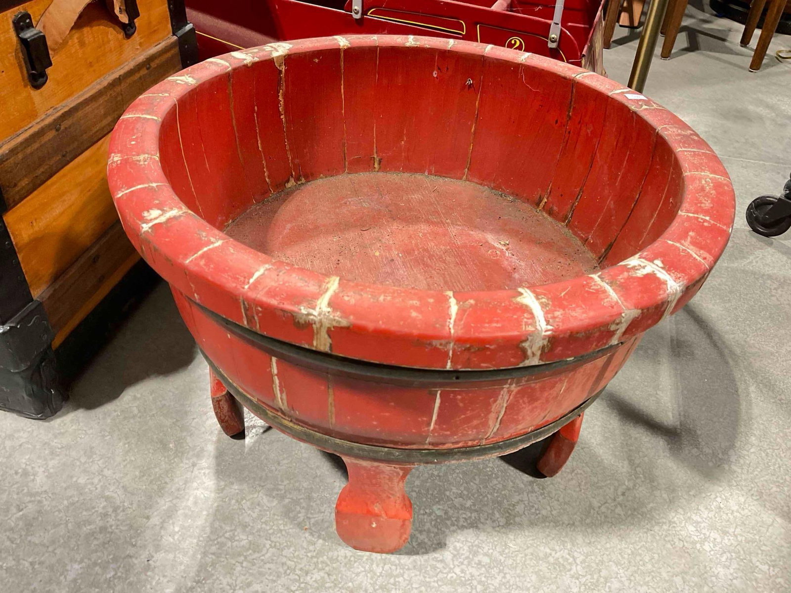 Antique? Chinese Red Lacquered Wood Wash Basin. Fair Condition. Measures 20" x 20" x 14" - 3