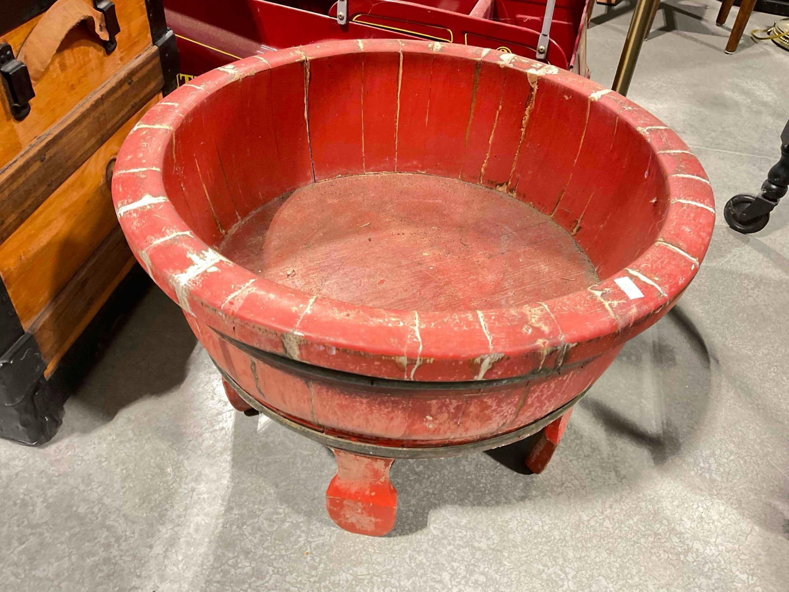 Antique? Chinese Red Lacquered Wood Wash Basin. Fair Condition. Measures 20" x 20" x 14" - 4