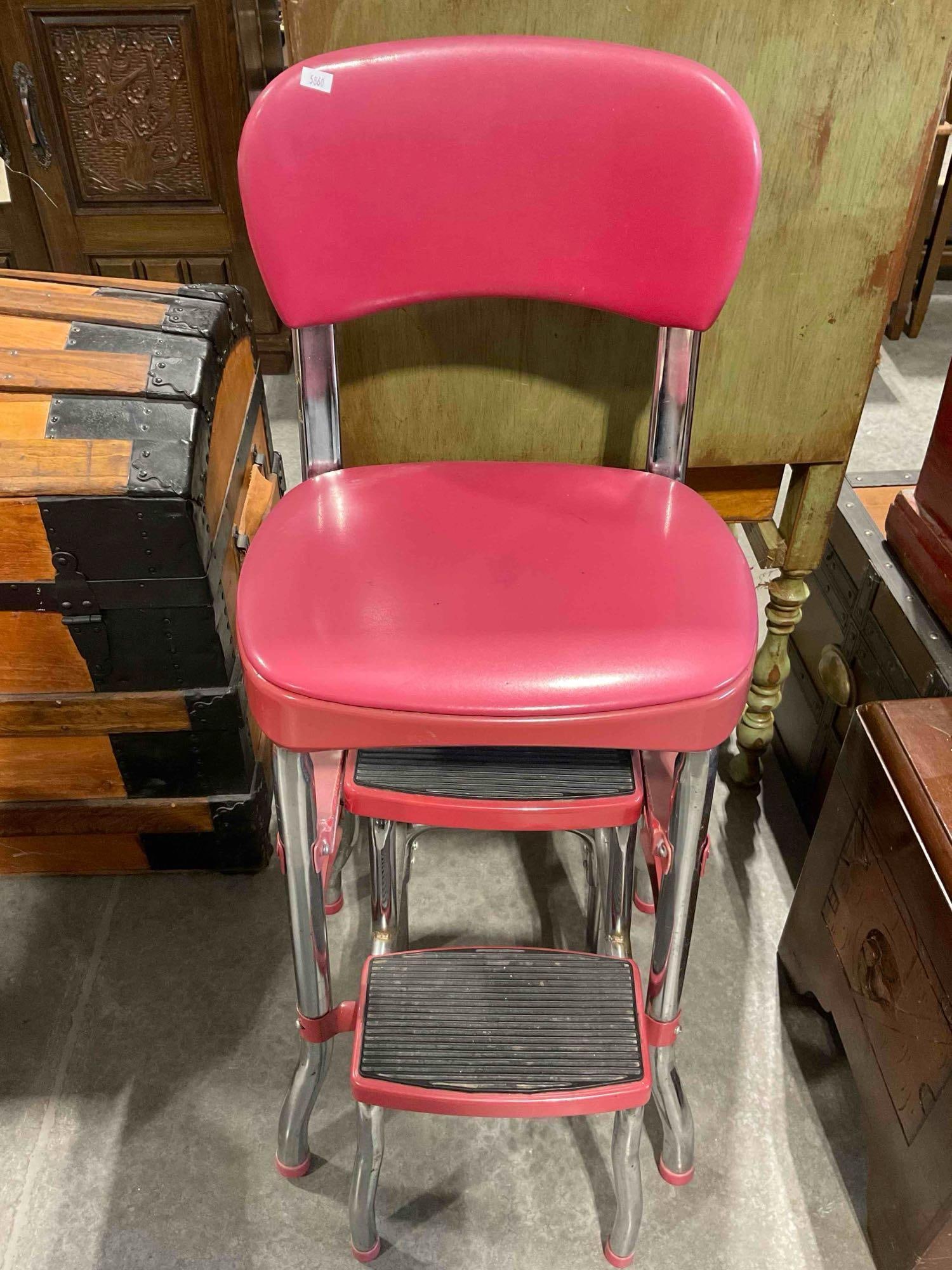 Vintage COSCO Raspberry Pink Metal Combination Chair Stool. Good Condition. See pics.: Vintage COSCO Raspberry Pink Metal Combination Chair Stool. Good Condition. Minor wear indicative of age and use, condition otherwise looks to be good. Measures *Freight Required if shipped,