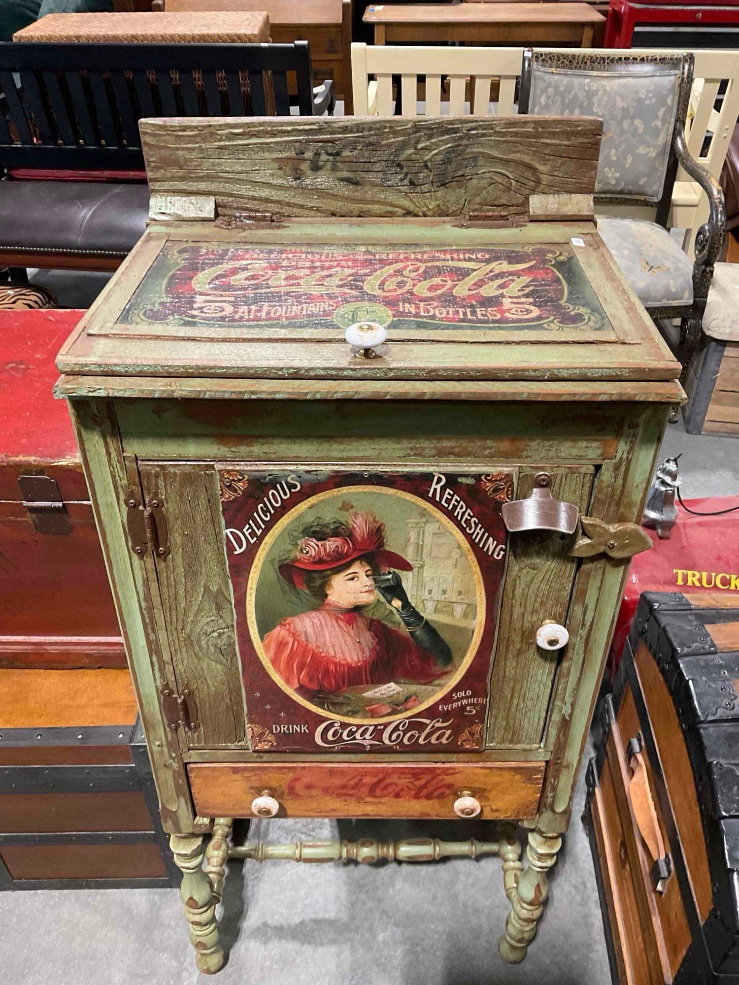 Antiqued Sage Green Painted Wood Drinks Cabinet w/ Coca Cola Imagery. Good Condition.: Antiqued Sage Green Painted Wood Drinks Cabinet w/ Coca Cola Imagery. Good Condition. Not antique, creatively aged. Fun decoupage work. Measures 19" x 14" x 45" Minor wear indicative of age and use,