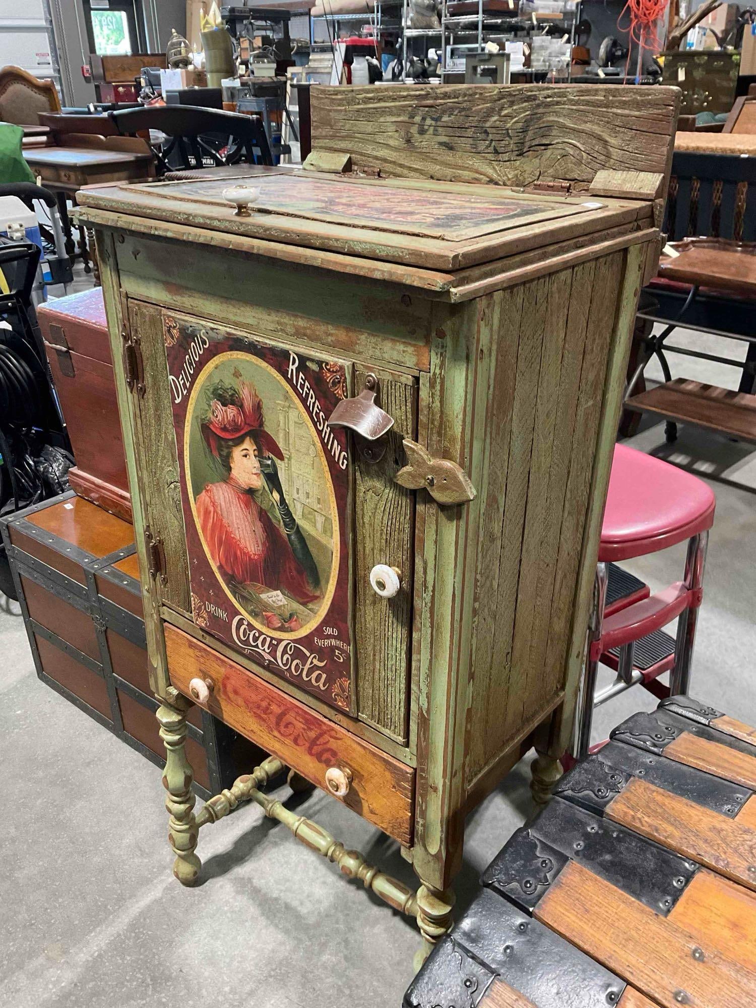 Antiqued Sage Green Painted Wood Drinks Cabinet w/ Coca Cola Imagery. Good Condition. - 2