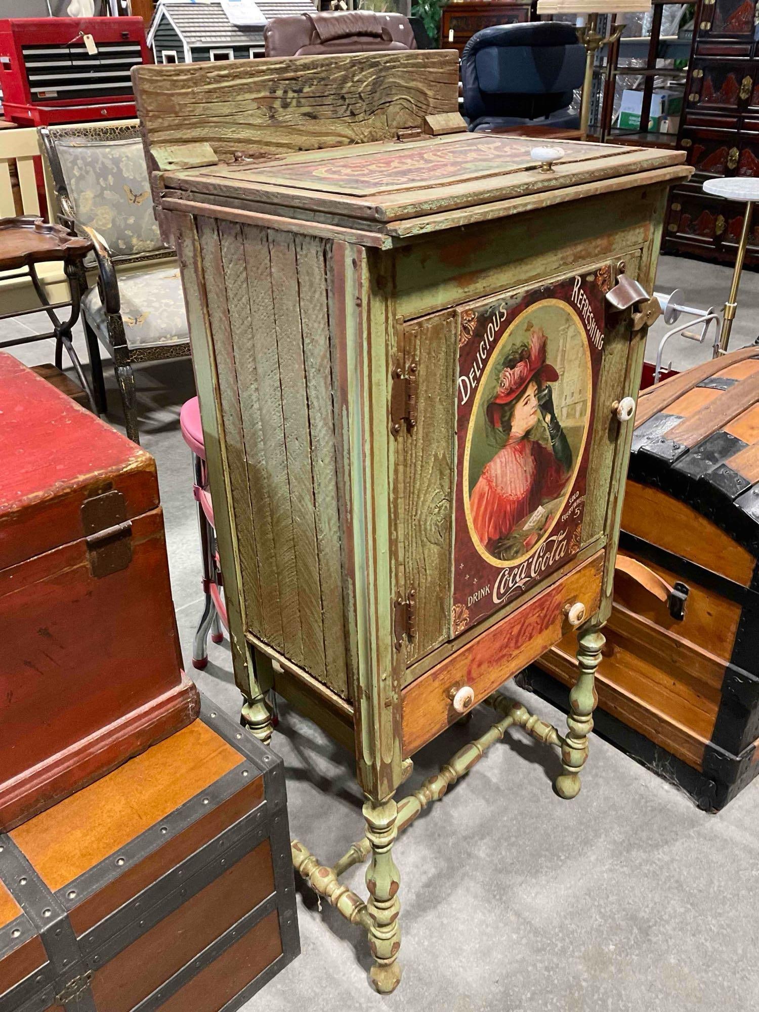 Antiqued Sage Green Painted Wood Drinks Cabinet w/ Coca Cola Imagery. Good Condition. - 3