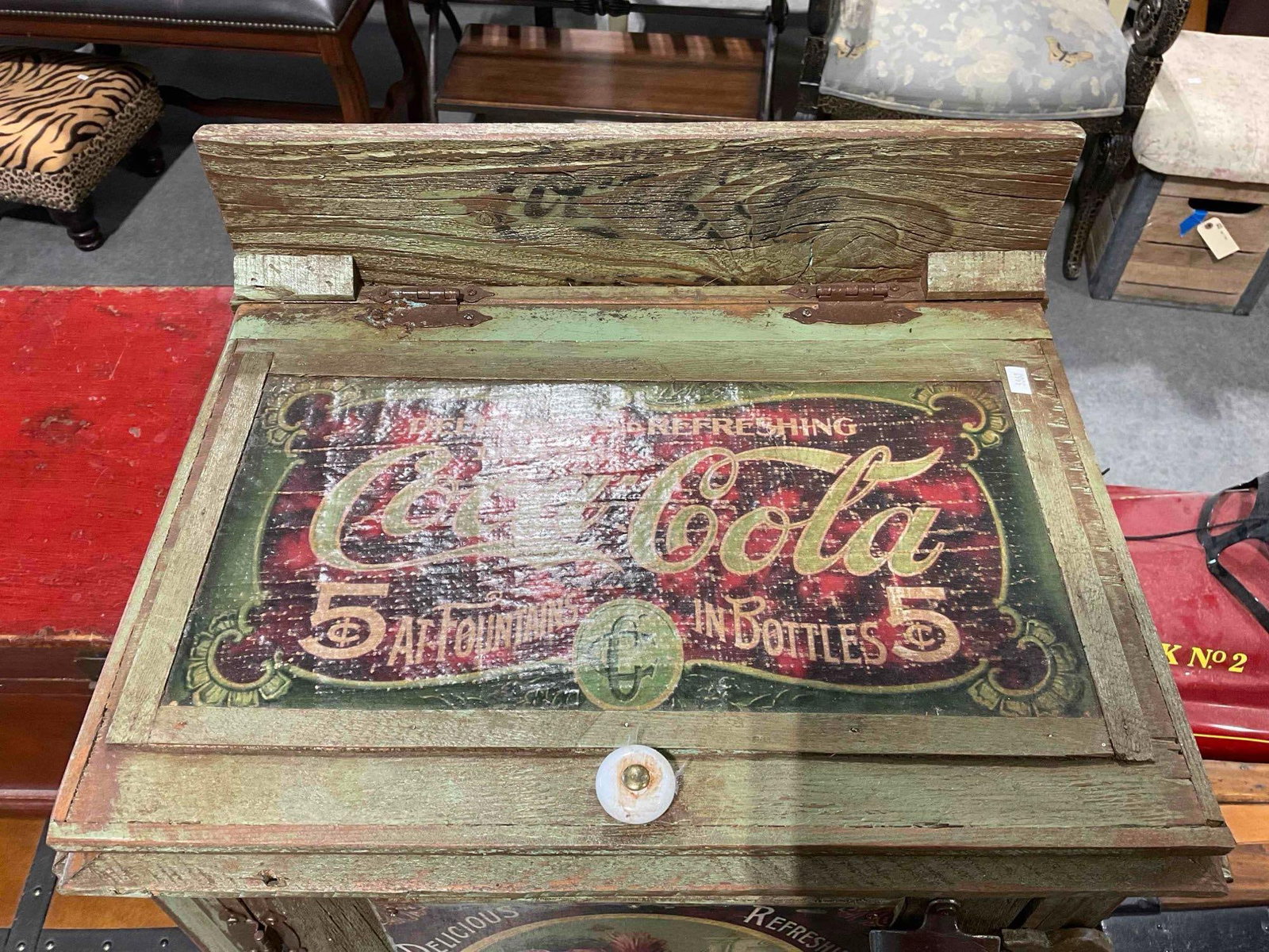 Antiqued Sage Green Painted Wood Drinks Cabinet w/ Coca Cola Imagery. Good Condition. - 4
