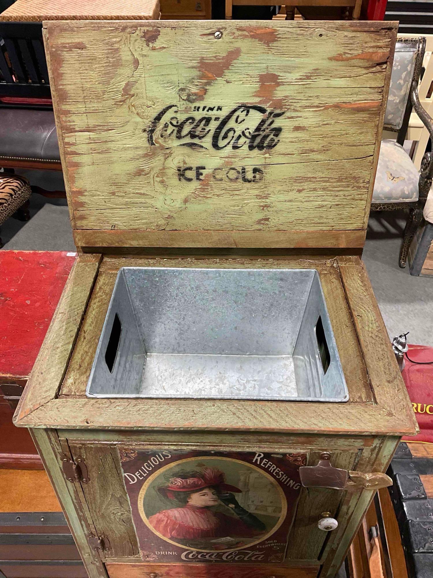 Antiqued Sage Green Painted Wood Drinks Cabinet w/ Coca Cola Imagery. Good Condition. - 5