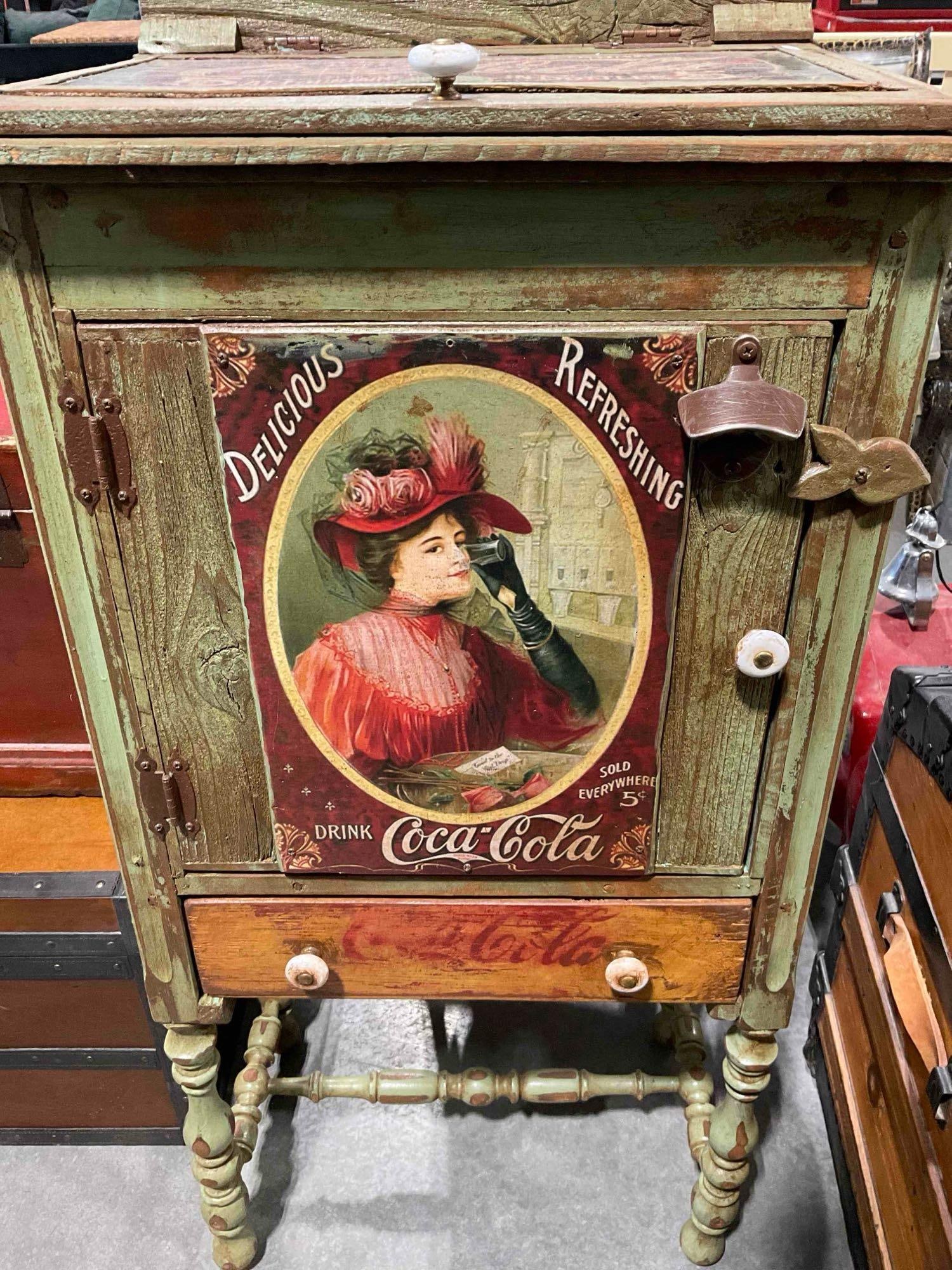Antiqued Sage Green Painted Wood Drinks Cabinet w/ Coca Cola Imagery. Good Condition. - 6