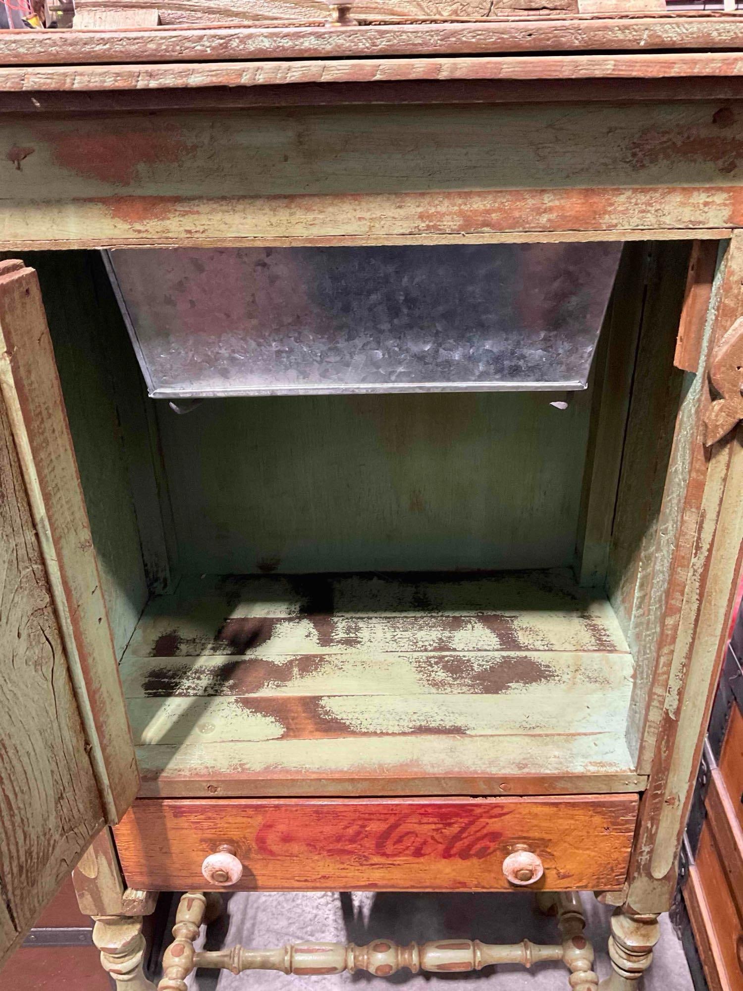 Antiqued Sage Green Painted Wood Drinks Cabinet w/ Coca Cola Imagery. Good Condition. - 7