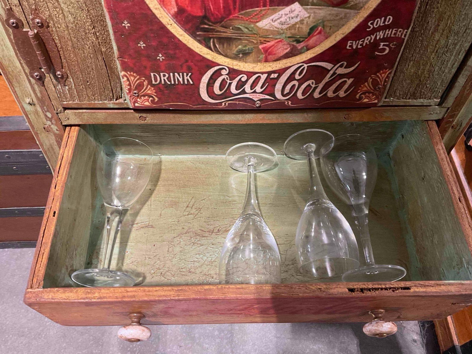 Antiqued Sage Green Painted Wood Drinks Cabinet w/ Coca Cola Imagery. Good Condition. - 8