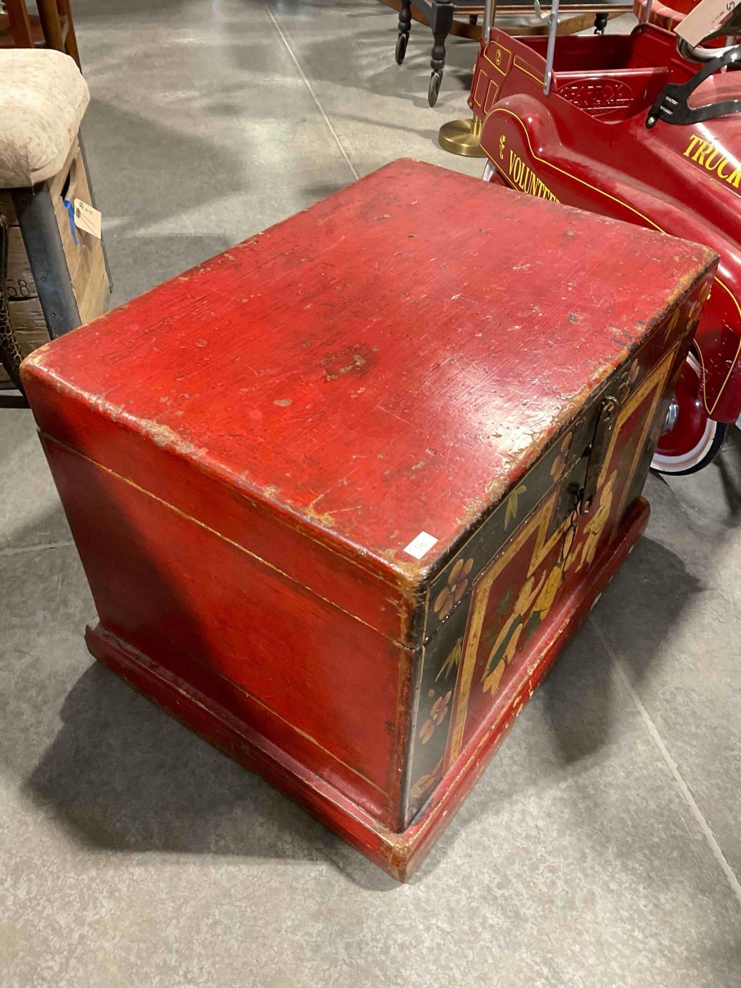 Vintage Red & Black Painted Asian Style Storage Chest w/ Dancing Children Motif. Good Cond. - 2