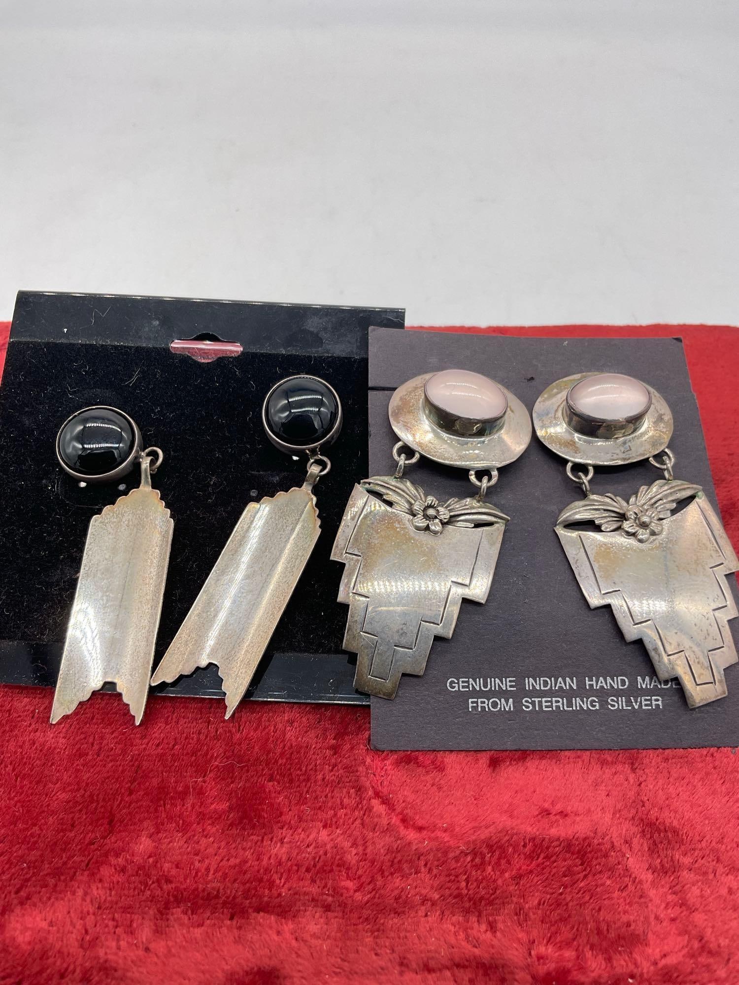 2 pair Of Sw Native American Sterling Silver earrings w/ Pink Shell & Onyx - Carol Felley & Nakai - 4