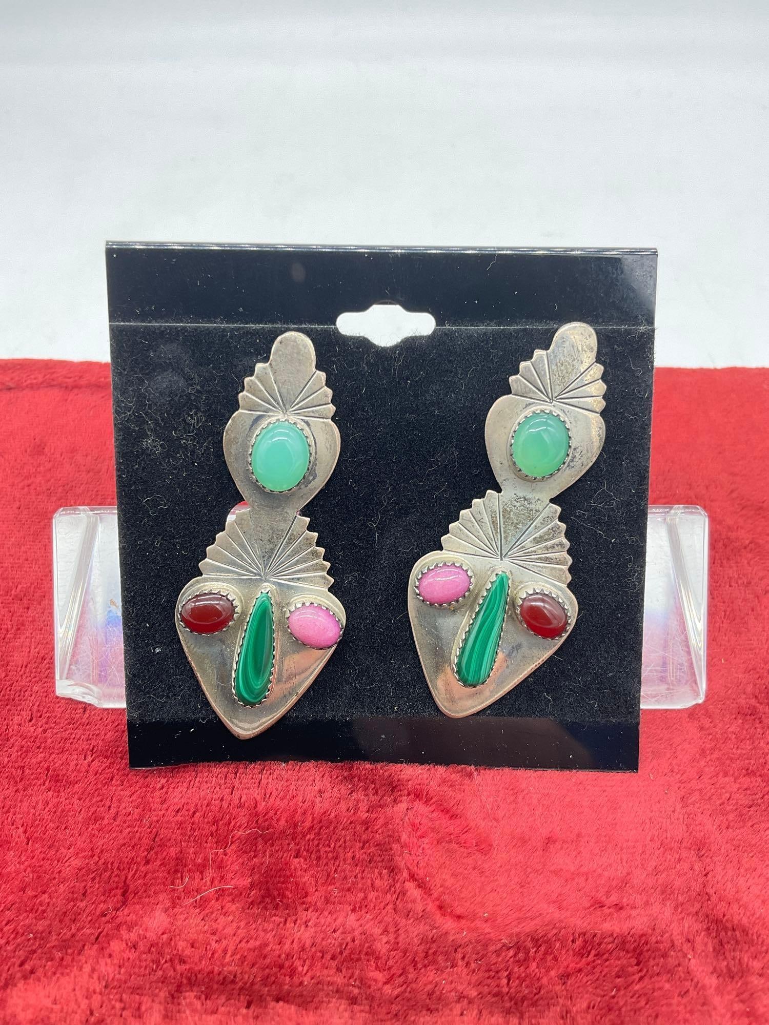 Signed C Sterling Silver SW Native american Cactus Clip on earrings, w/ Jade, garnet, & Malachite: 2.5" in length Native American sterling silver hand signed Earrings are marked Sterling C, artist unknown. One clip on backing seems to not close firmly, needs slight fix