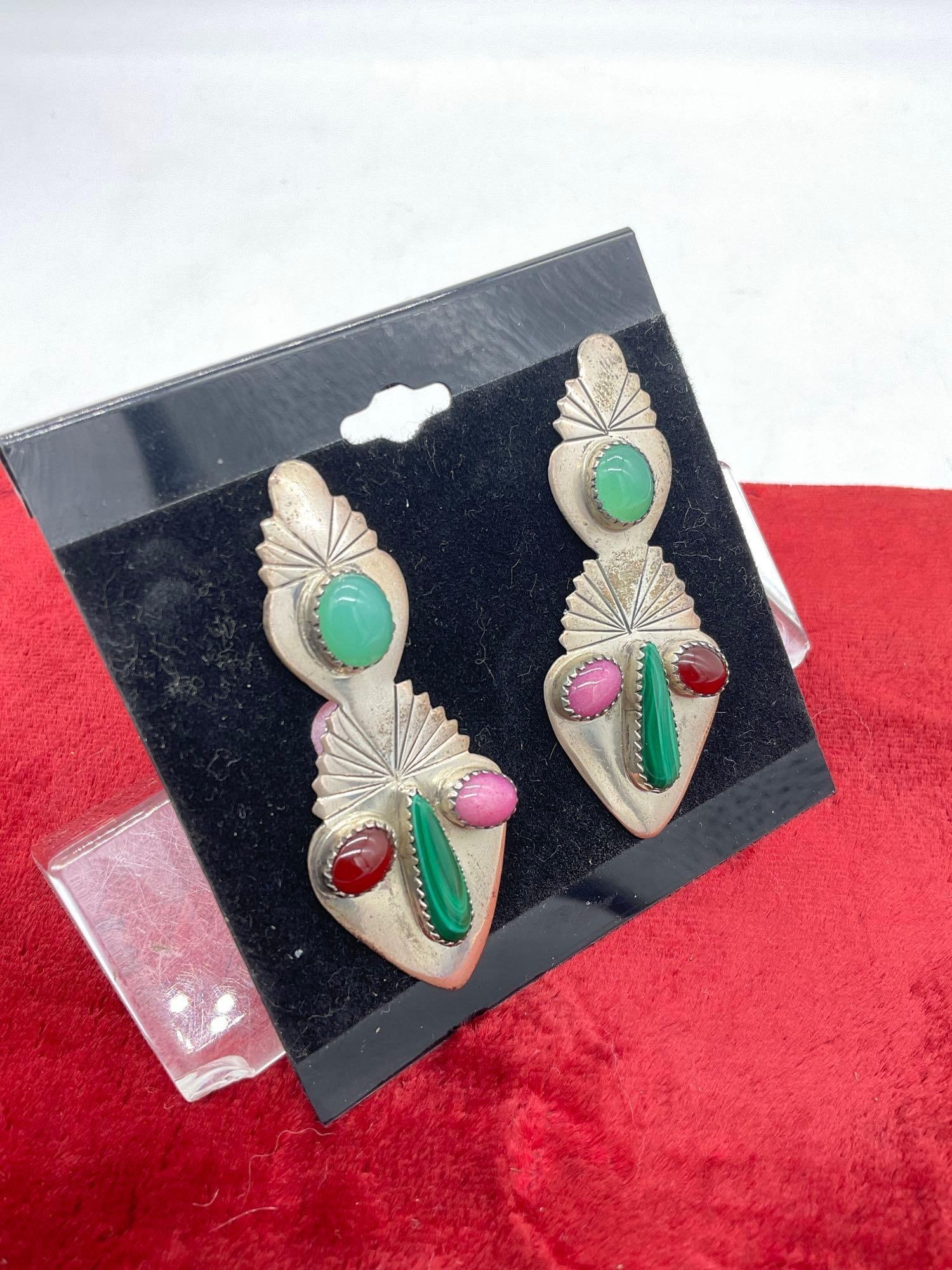 Signed C Sterling Silver SW Native american Cactus Clip on earrings, w/ Jade, garnet, & Malachite - 2