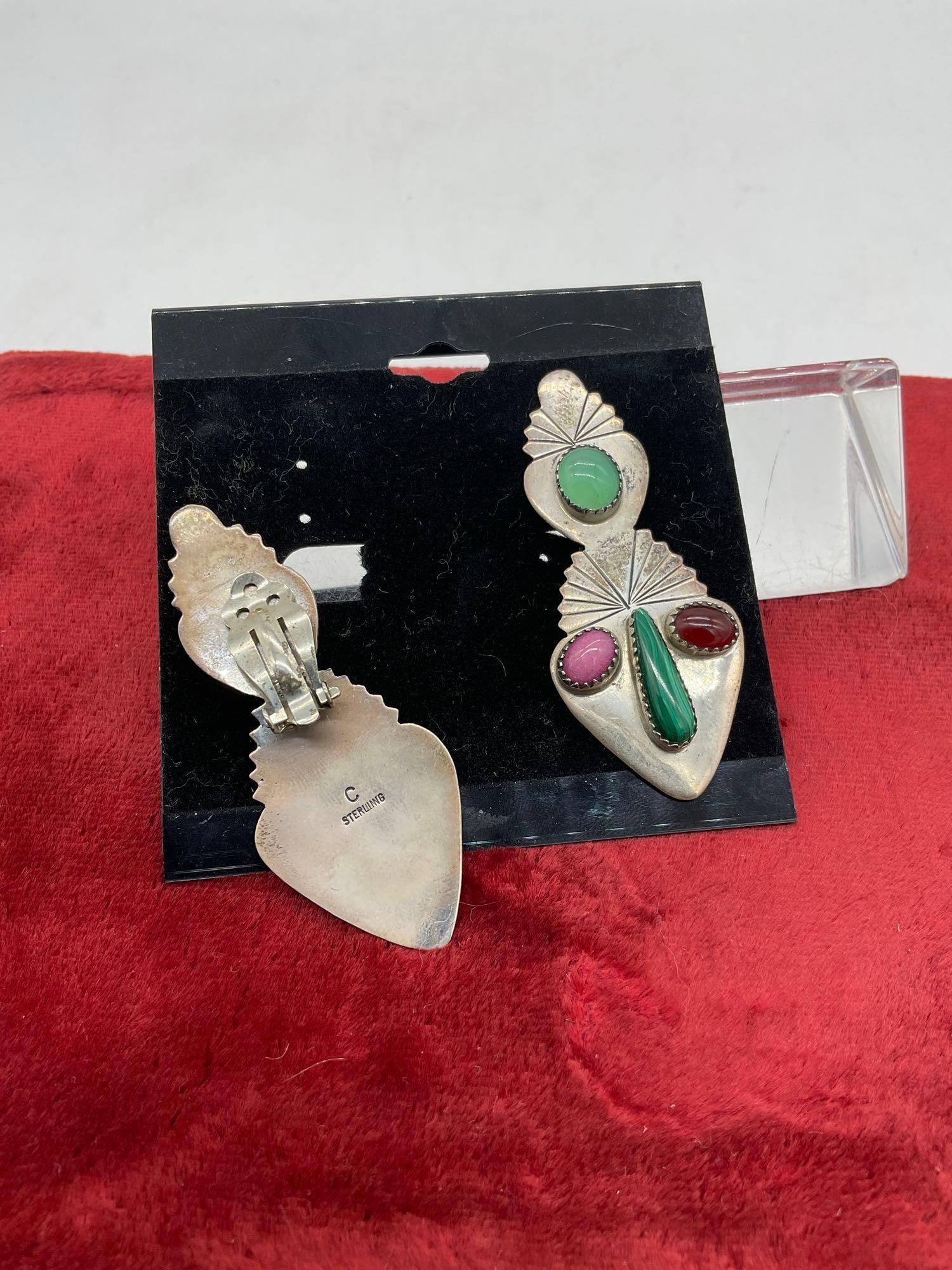 Signed C Sterling Silver SW Native american Cactus Clip on earrings, w/ Jade, garnet, & Malachite - 3