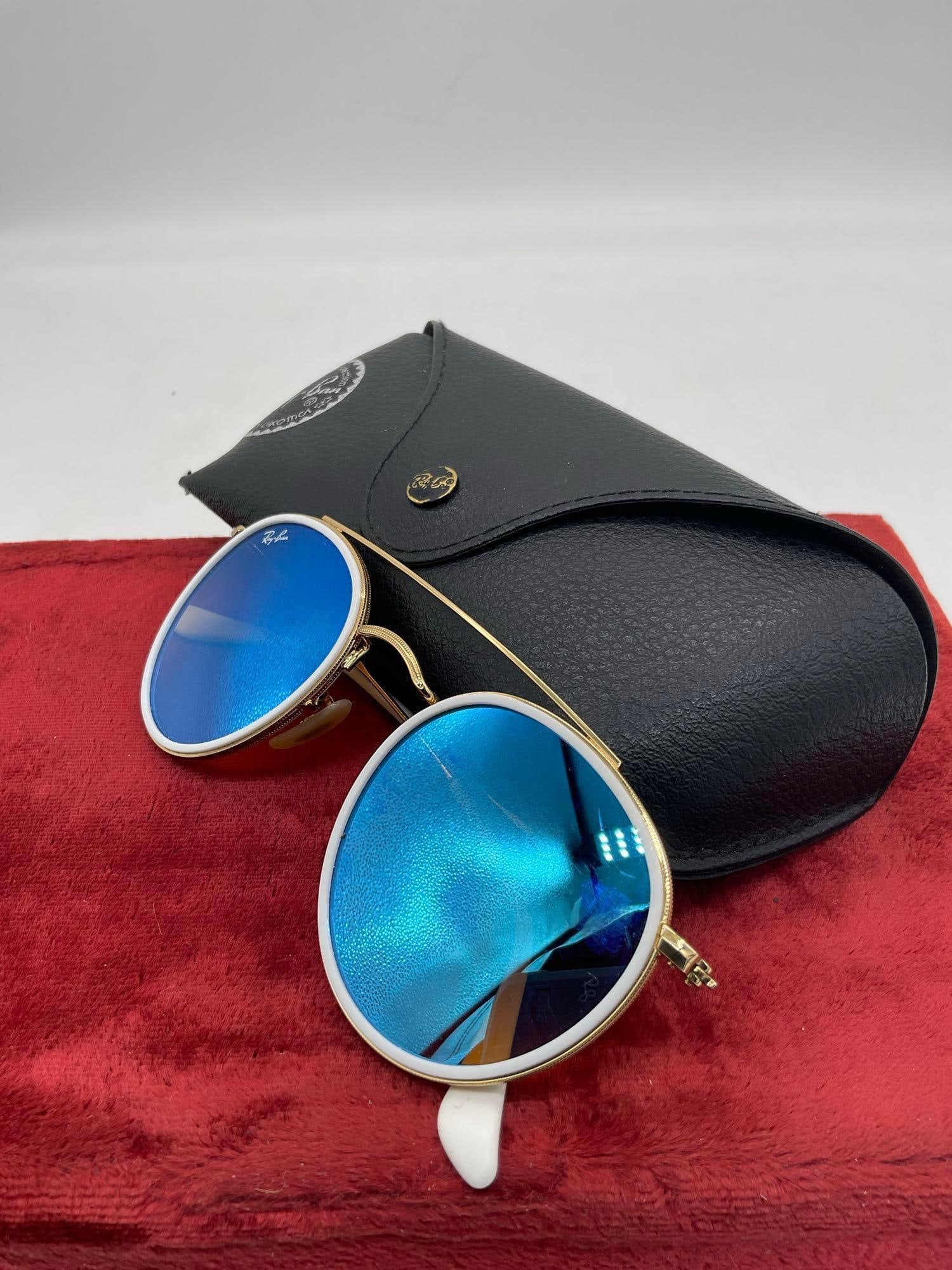 Pair of Ray-Ban RB3647N Round Double Bridge Unisex Polarized Sunglasses Gold toned & white frame - 2
