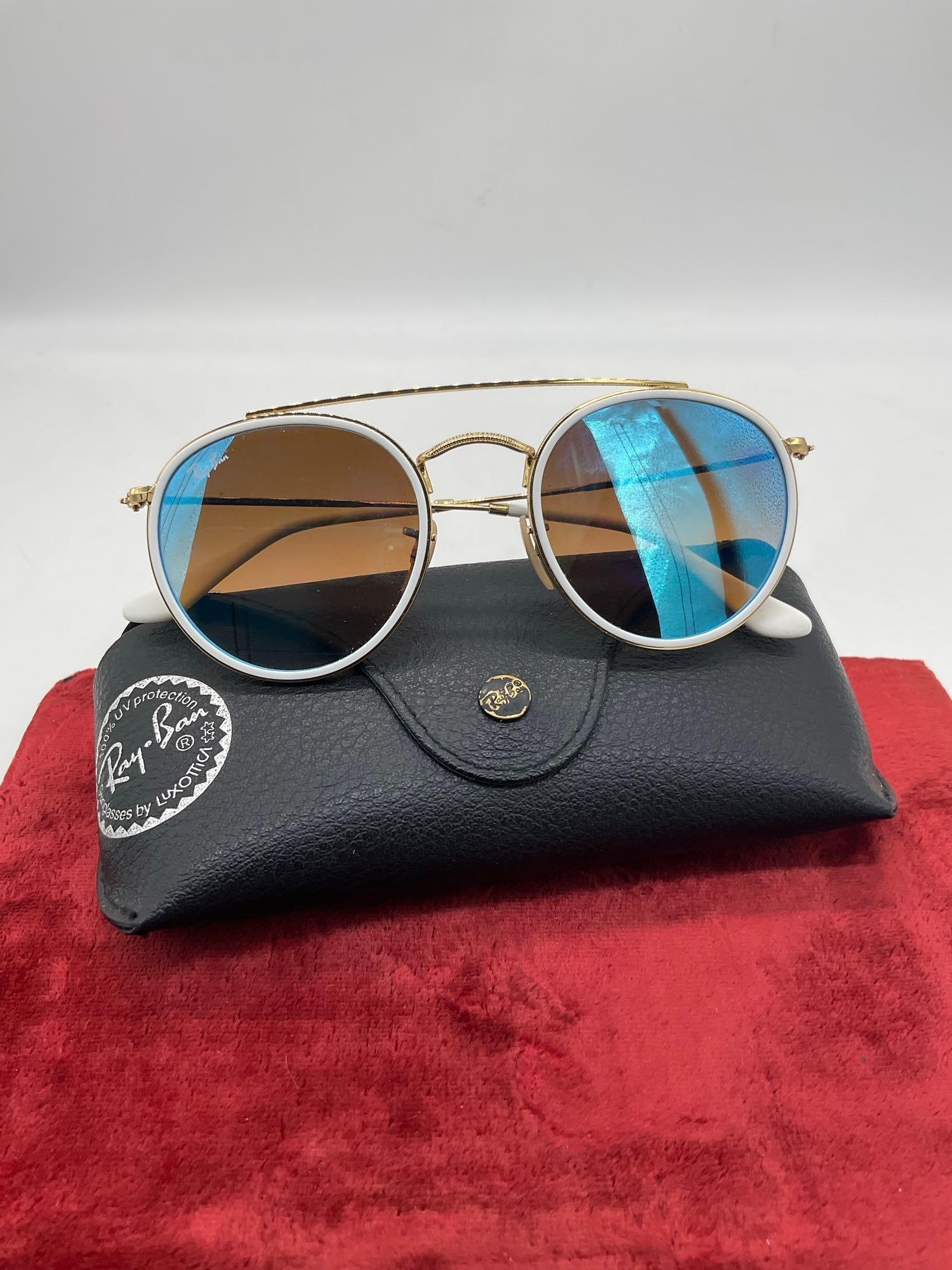 Pair of Ray-Ban RB3647N Round Double Bridge Unisex Polarized Sunglasses Gold toned & white frame - 3