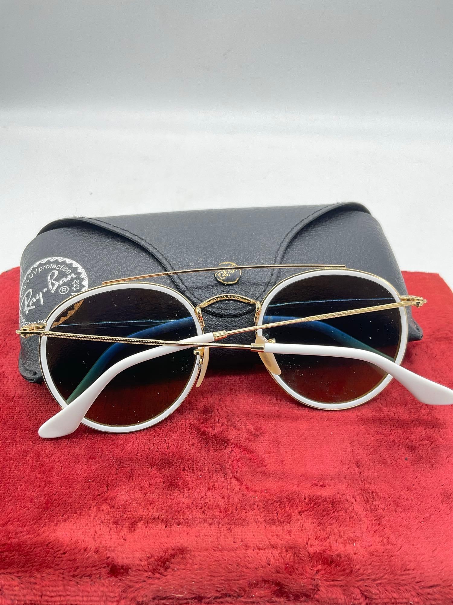 Pair of Ray-Ban RB3647N Round Double Bridge Unisex Polarized Sunglasses Gold toned & white frame - 4