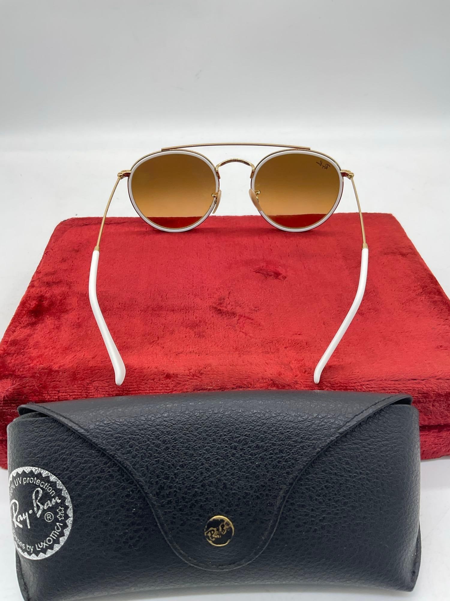 Pair of Ray-Ban RB3647N Round Double Bridge Unisex Polarized Sunglasses Gold toned & white frame - 5