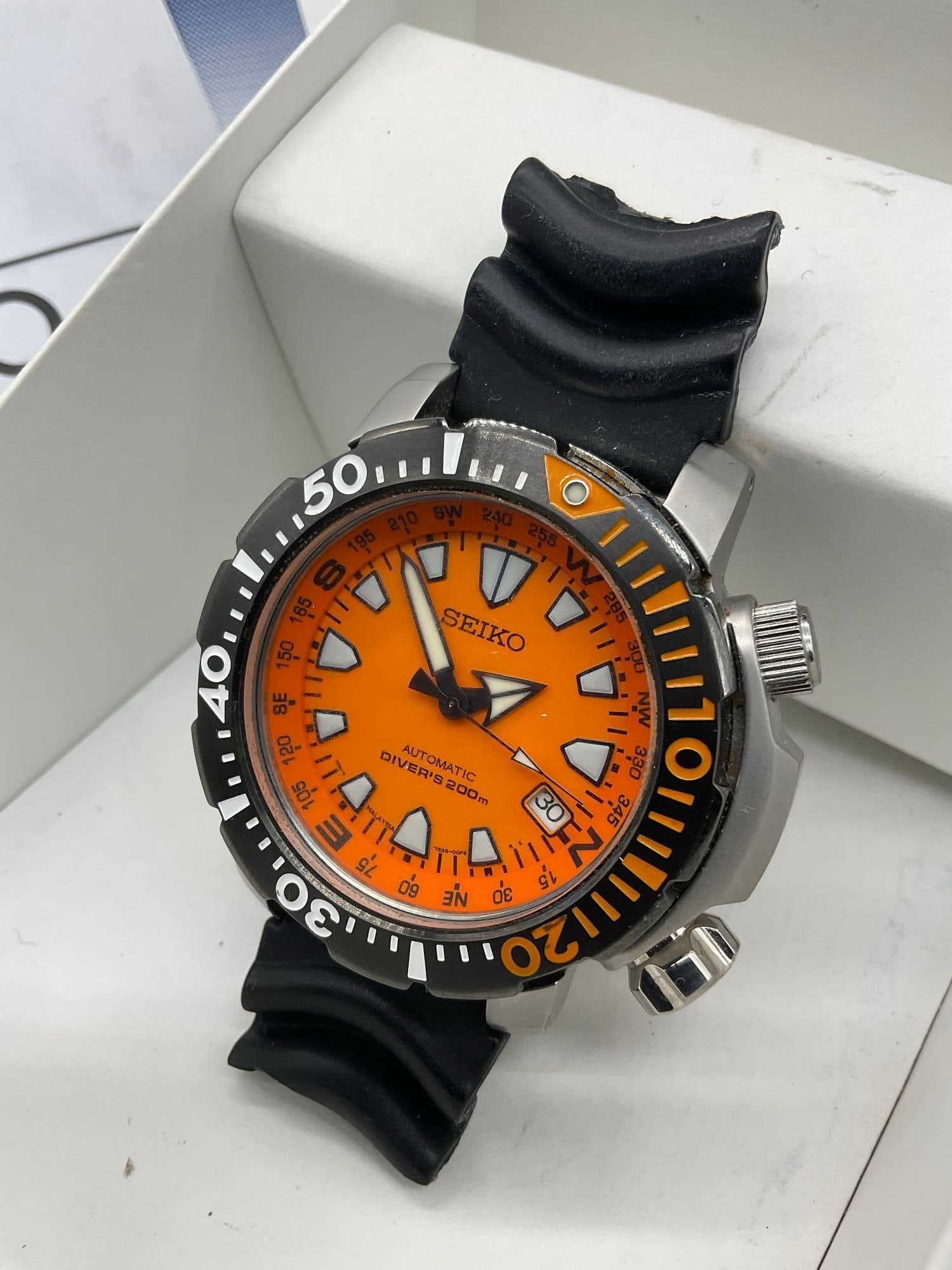 RARE Seiko 23 Jewel SNM037 Men's Orange Land Monster 200m Diver Watch 7S35-00F0 Running - 2