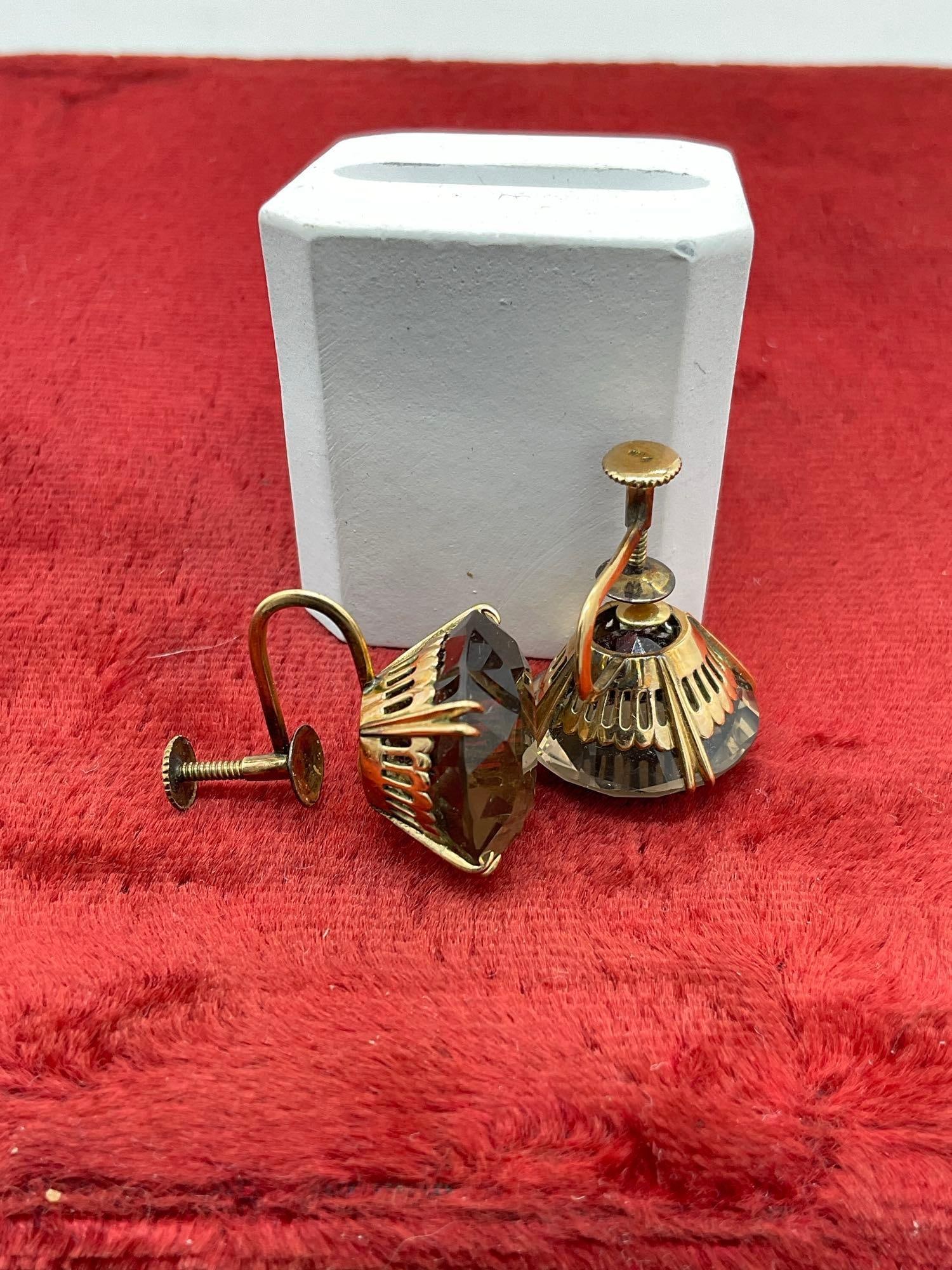 Vintage Mid century 14K gold Screw back Earrings w/ Smokey quartz Settings see pics 8.59 Grams Tw - 2