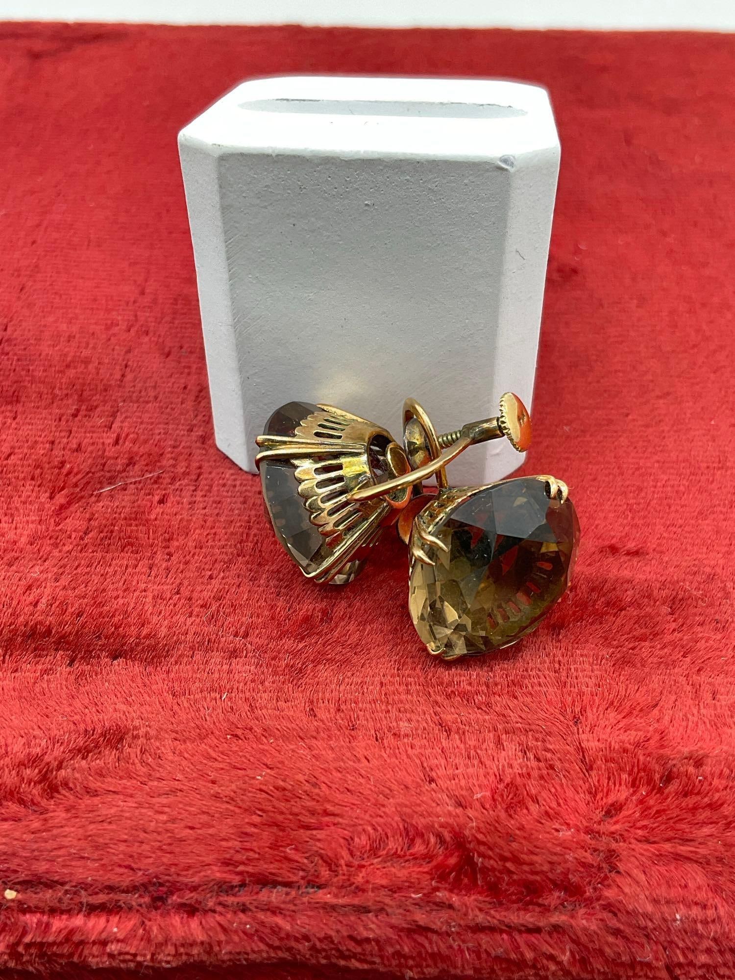 Vintage Mid century 14K gold Screw back Earrings w/ Smokey quartz Settings see pics 8.59 Grams Tw - 3
