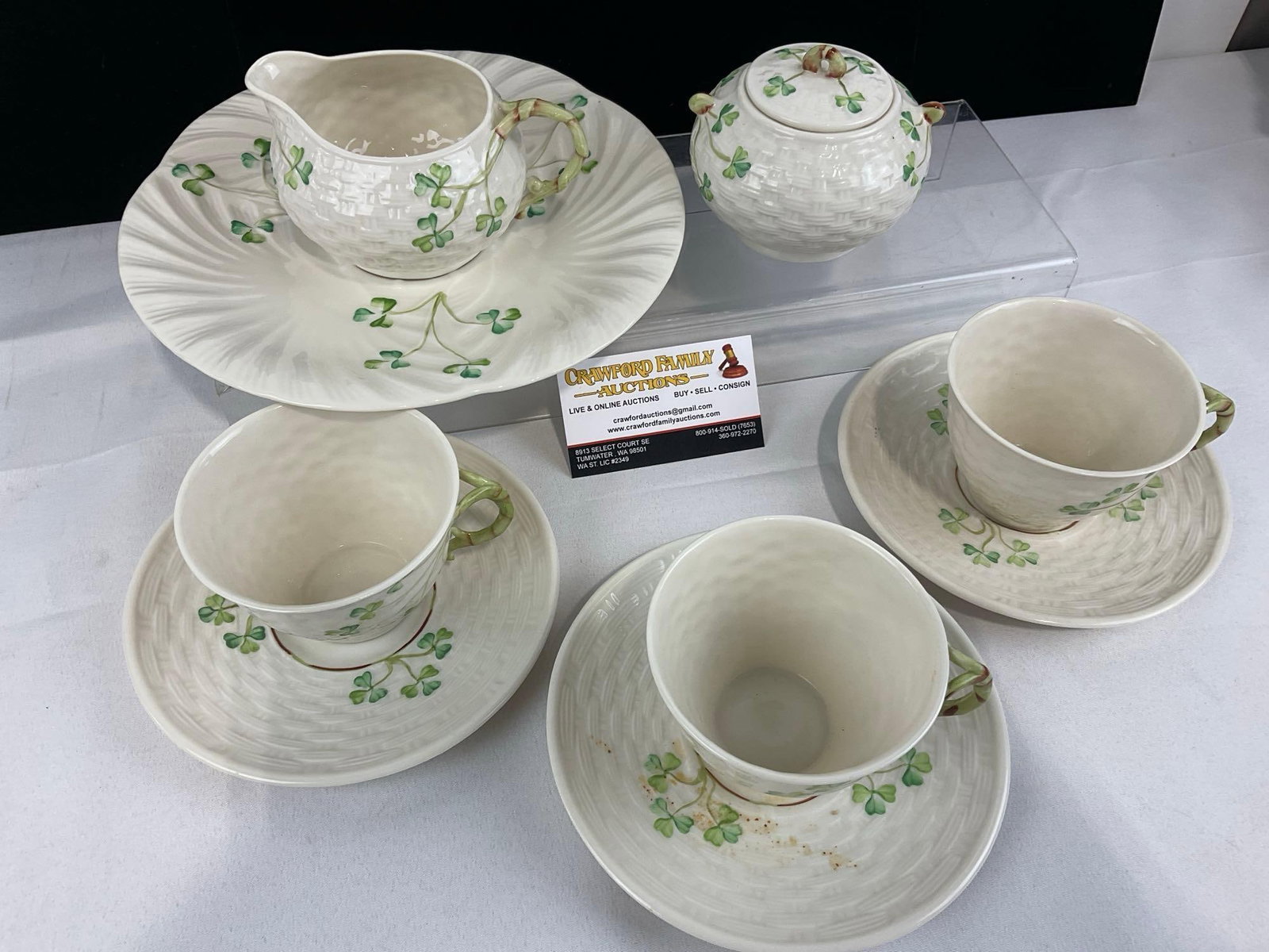 Belleek Irish China, 9 pieces, 1965-80 era green marks, cups & saucers, sugar & Creamer & Plate - 2