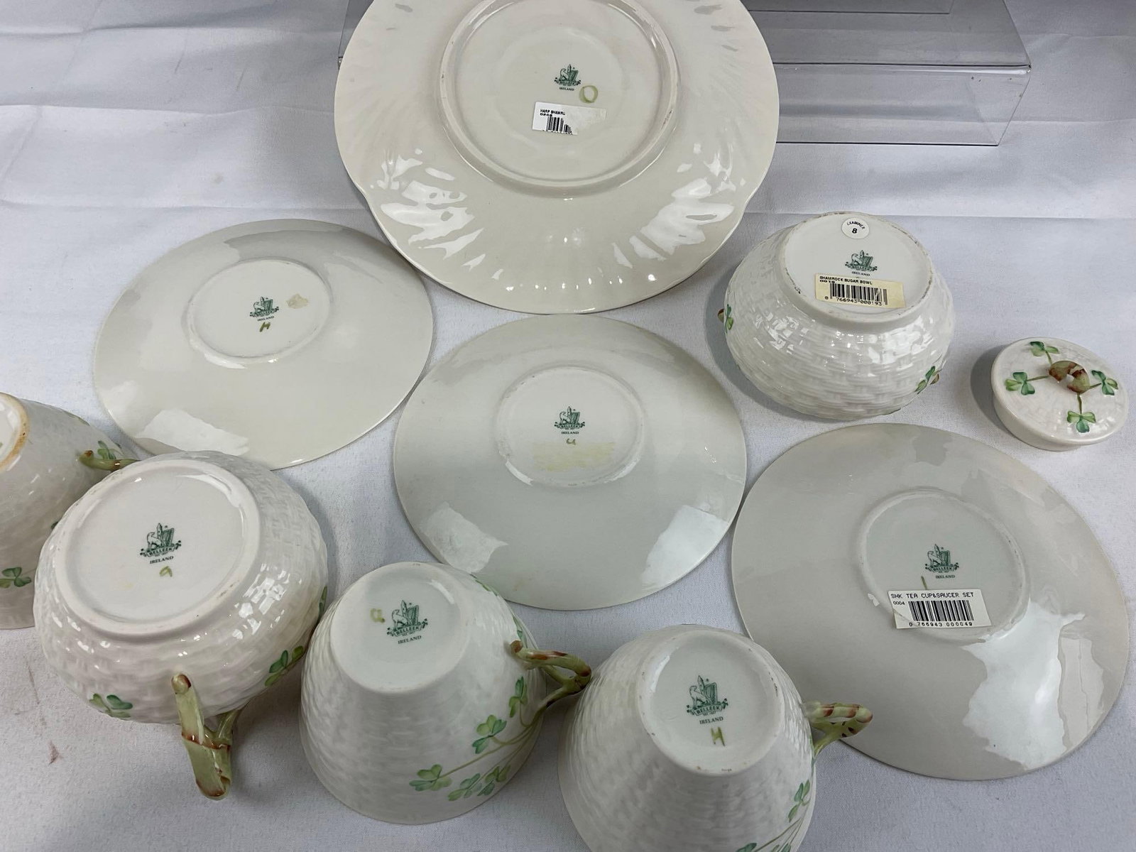 Belleek Irish China, 9 pieces, 1965-80 era green marks, cups & saucers, sugar & Creamer & Plate - 3