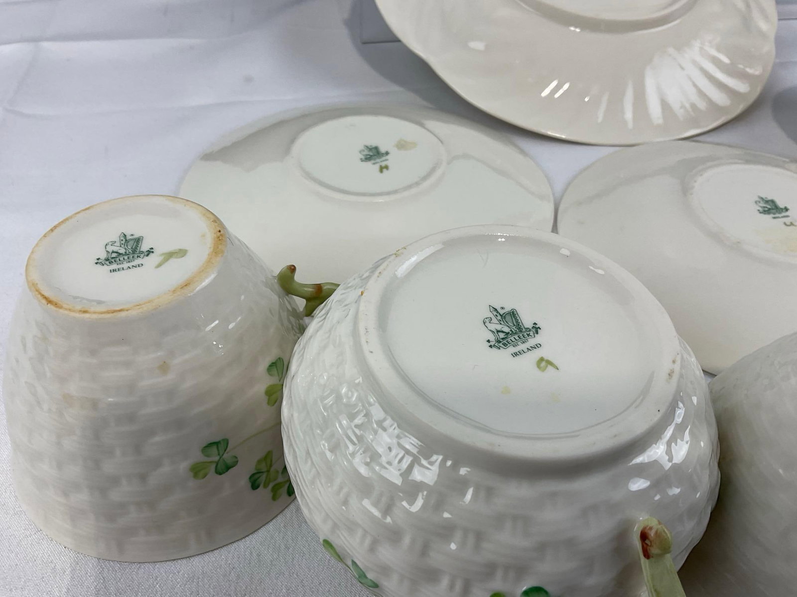 Belleek Irish China, 9 pieces, 1965-80 era green marks, cups & saucers, sugar & Creamer & Plate - 4