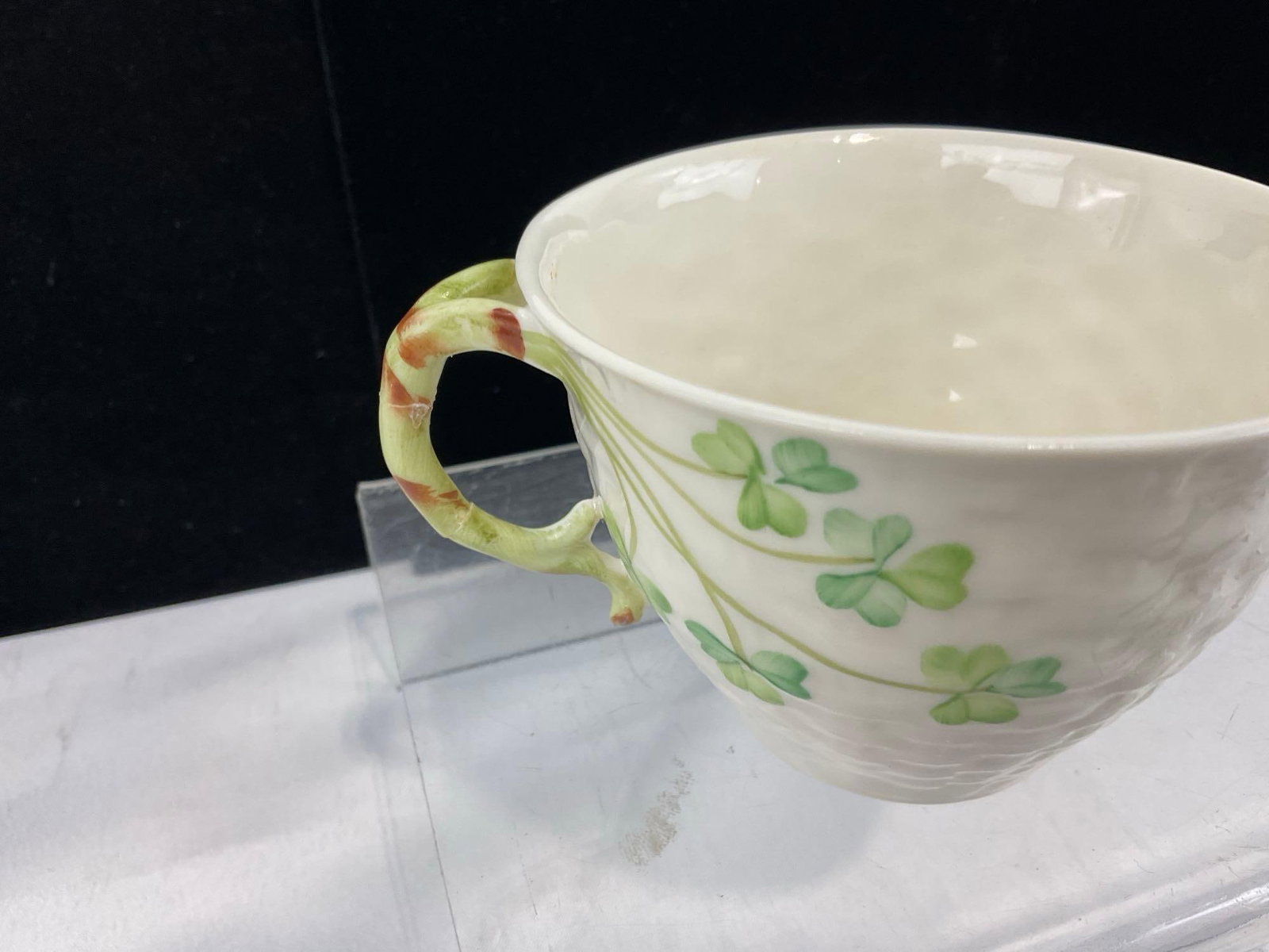Belleek Irish China, 9 pieces, 1965-80 era green marks, cups & saucers, sugar & Creamer & Plate - 5