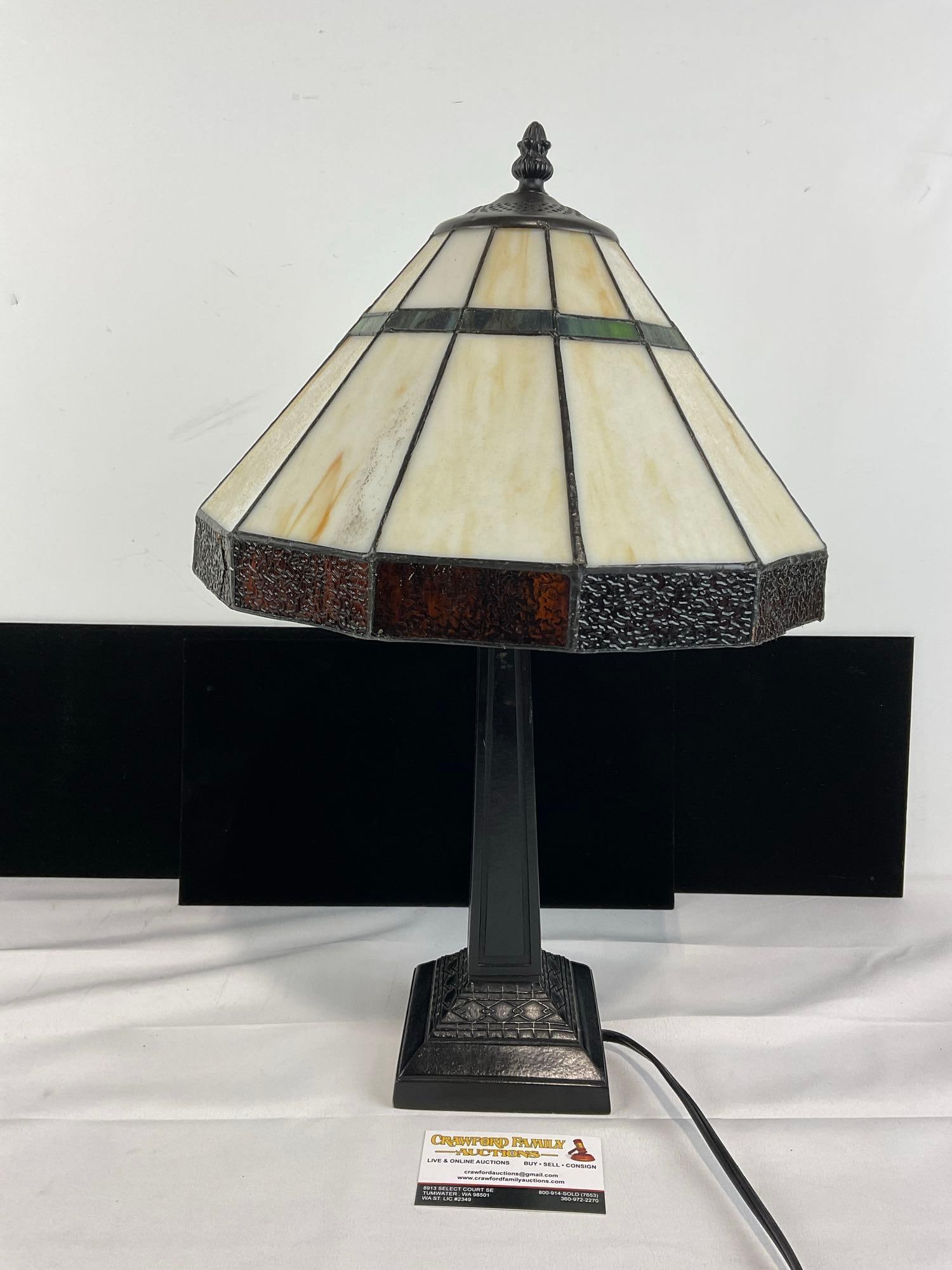 Tiffany Style Stained Glass Table Lamp, 20h x 12w x 12d inches, tested & working, Brown/White Slag: Appears to be in good shape. The piece measures approx 20h x 12w x 12d inches. See pics. E-5860